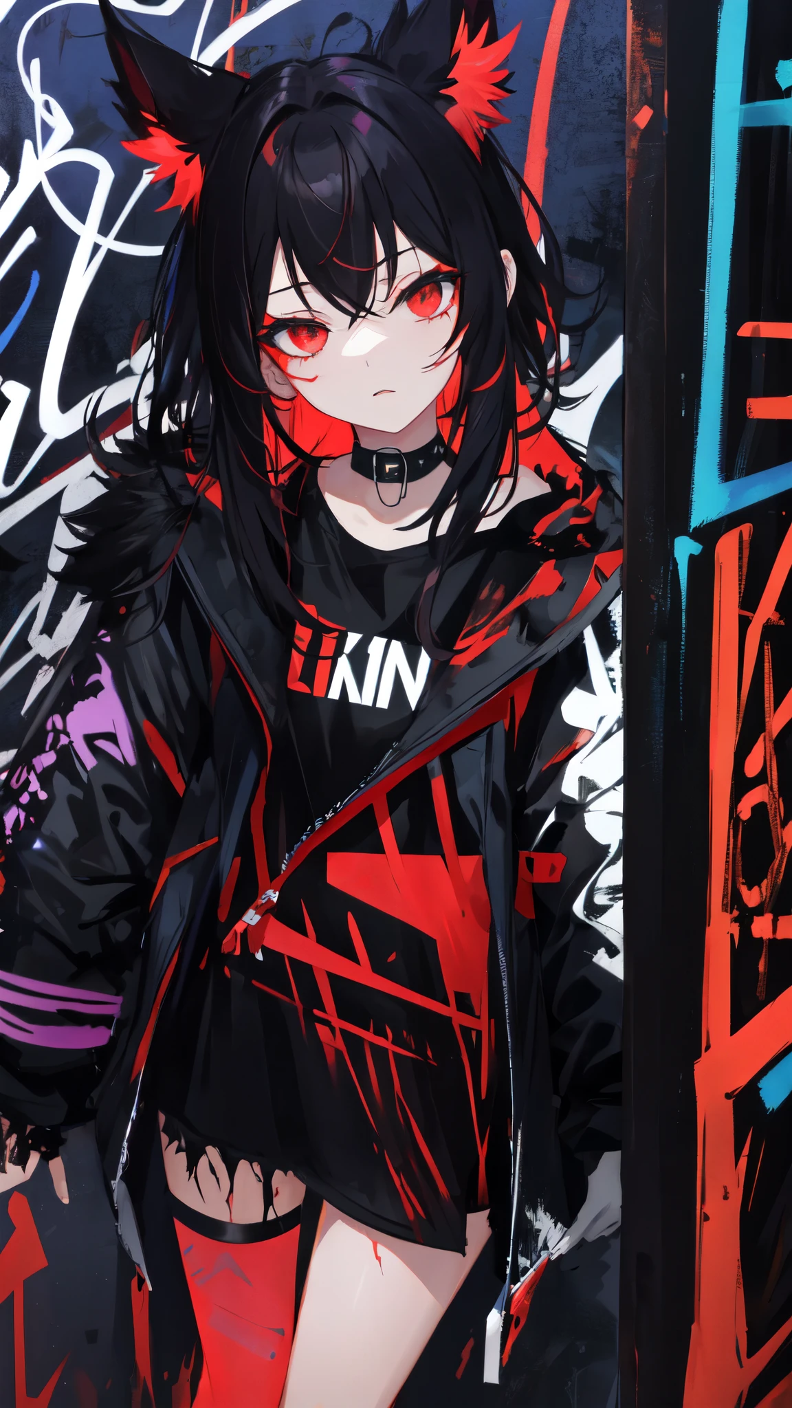 Anime girl with black hair and red ears standing in front of graffiti ...