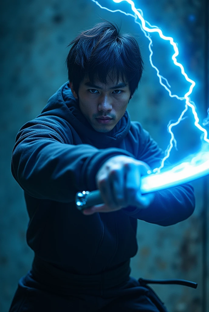 Background is black , a ninja dressed boy in black carring a katana, katana is covered in pale blue flames with purple thunder surrounding the ninja 