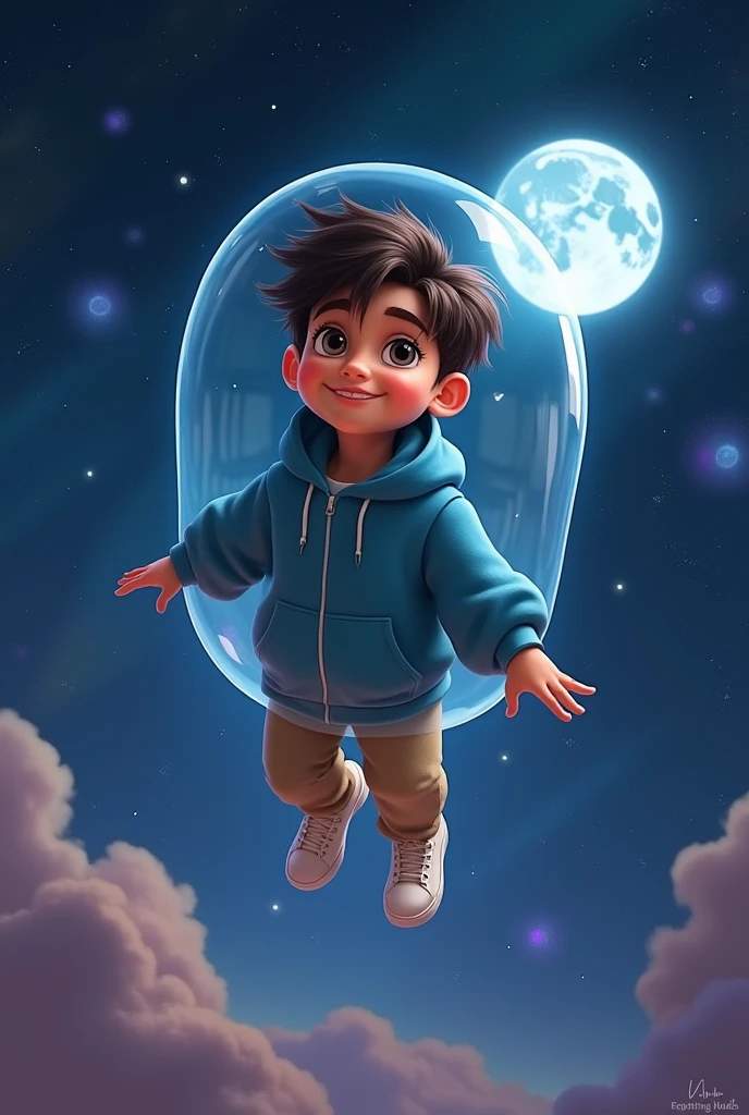 
"A boy floats in the vast universe, wearing a gamer jacket He holds a luminous blue sphere in one hand, that emits a soft and mysterious glow. Around her, infinite space is dotted with distant galaxies, twinkling stars and cosmic nebulae, creating a stunning celestial landscape. The man displays a focused and determined expression, as if on an important mission across the far reaches of the cosmos. Your coat has a modern design, with details that reflect the same blue tone of the star it carries, further enhancing the harmony between it and the stellar environment."