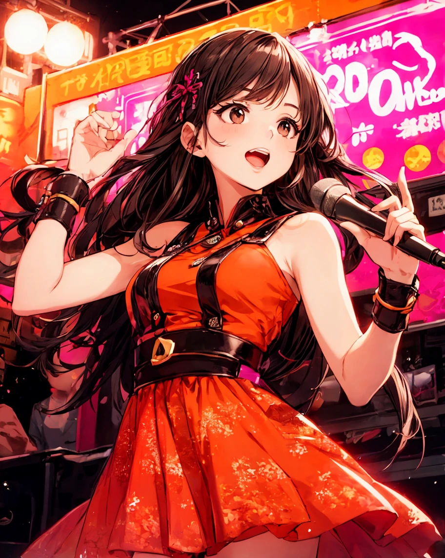 anime panel,upper body, 1girl,solo Korean, long black curly hair with red highlights, red, slanted eyes, casual clothes, ear piercing, necklace, hair illuminated by party lights, party background, long chic dress, smiling showing teeth,closed eyes,blushing