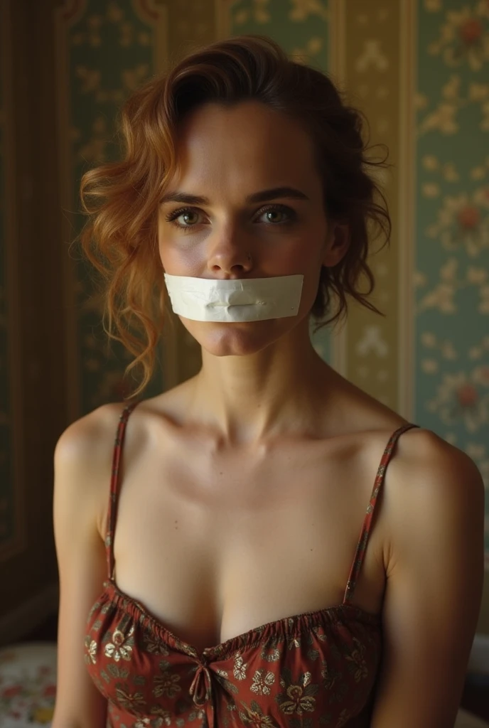 Emily Carey,prisioner collar,bit gagged,white distressed prisioner outfit,fantasy style,potrait