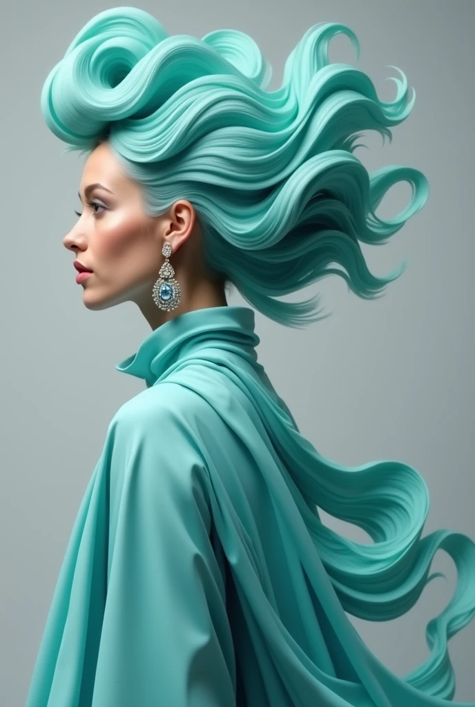 an image of a person with a flowing, sculptural hairstyle and garment that echo the movement of water. The hair and attire should be crafted with smooth, swirling patterns that extend and blend into each other, in a seamless and organic fashion. The color scheme should be a gradient of turquoise to aquamarine, set against a neutral gray background to emphasize the subject. The subject's pose should be elegant and poised, with a profile view showcasing refined features and a calm, contemplative expression. Add a detailed, ornate earring to the subject to bring an additional element of sophistication. The lighting should cast soft shadows to define the swirling forms, creating a luxurious and modern aesthetic."