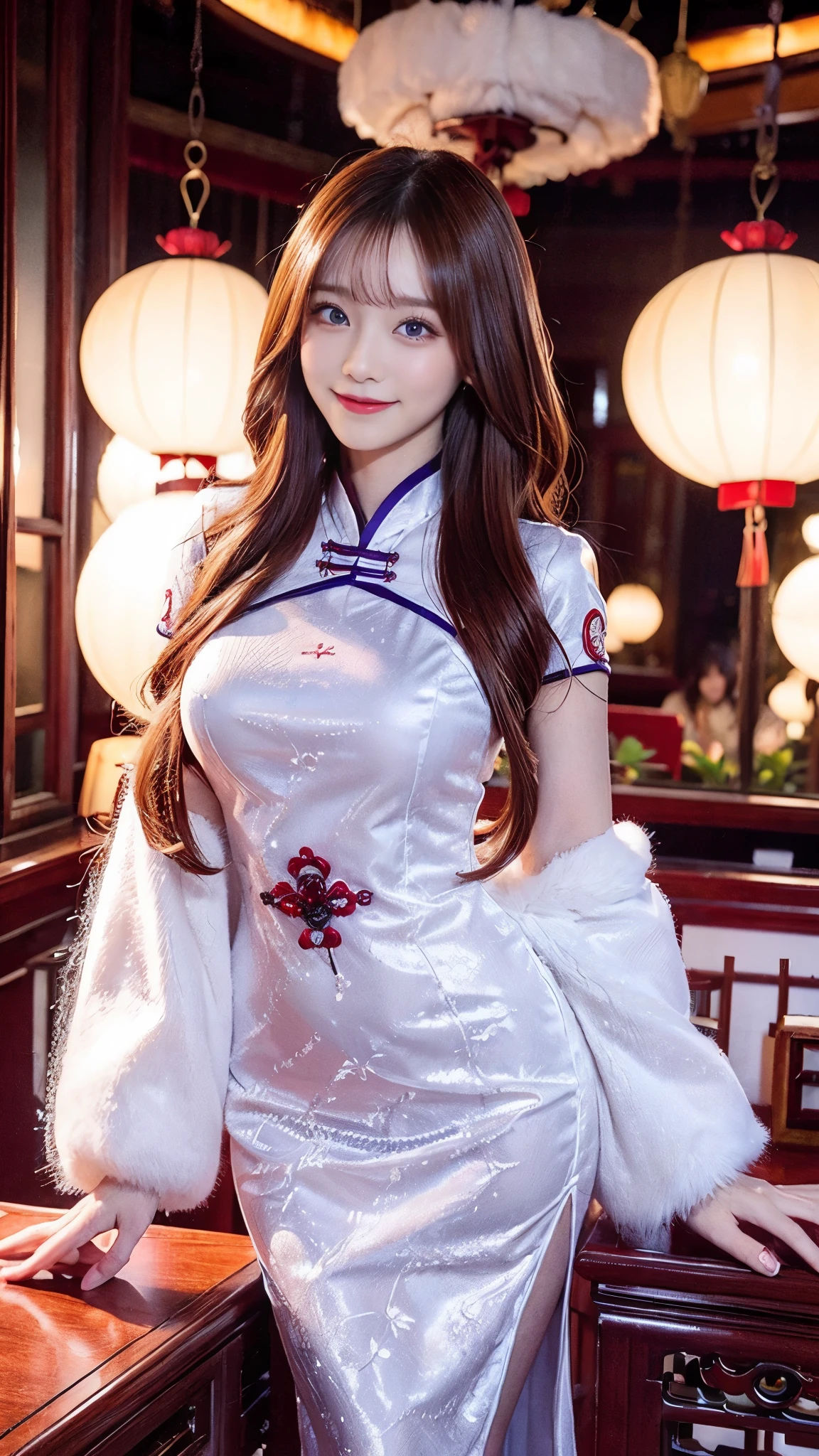 beautiful woman, Chestnut hair , Beautiful Eyes , Smile, Actual , Full HD, very beautiful dress ,Fluffy dress , curved body,Magnificent view ,Gorgeous decoration,cheongsam,中国发髻,Flowering