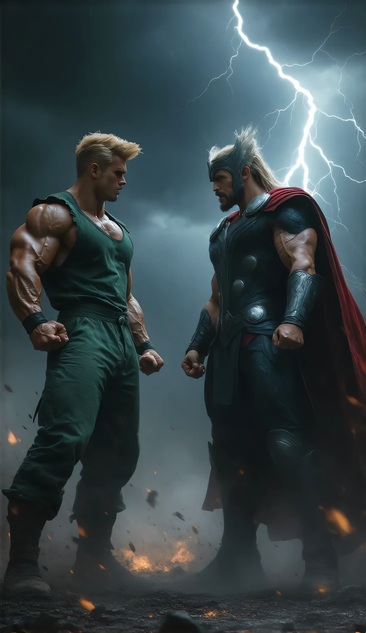 Thor as a muscular bodybuilder with 8 pack abs and big biceps and big pectoral muscles and huge bulge