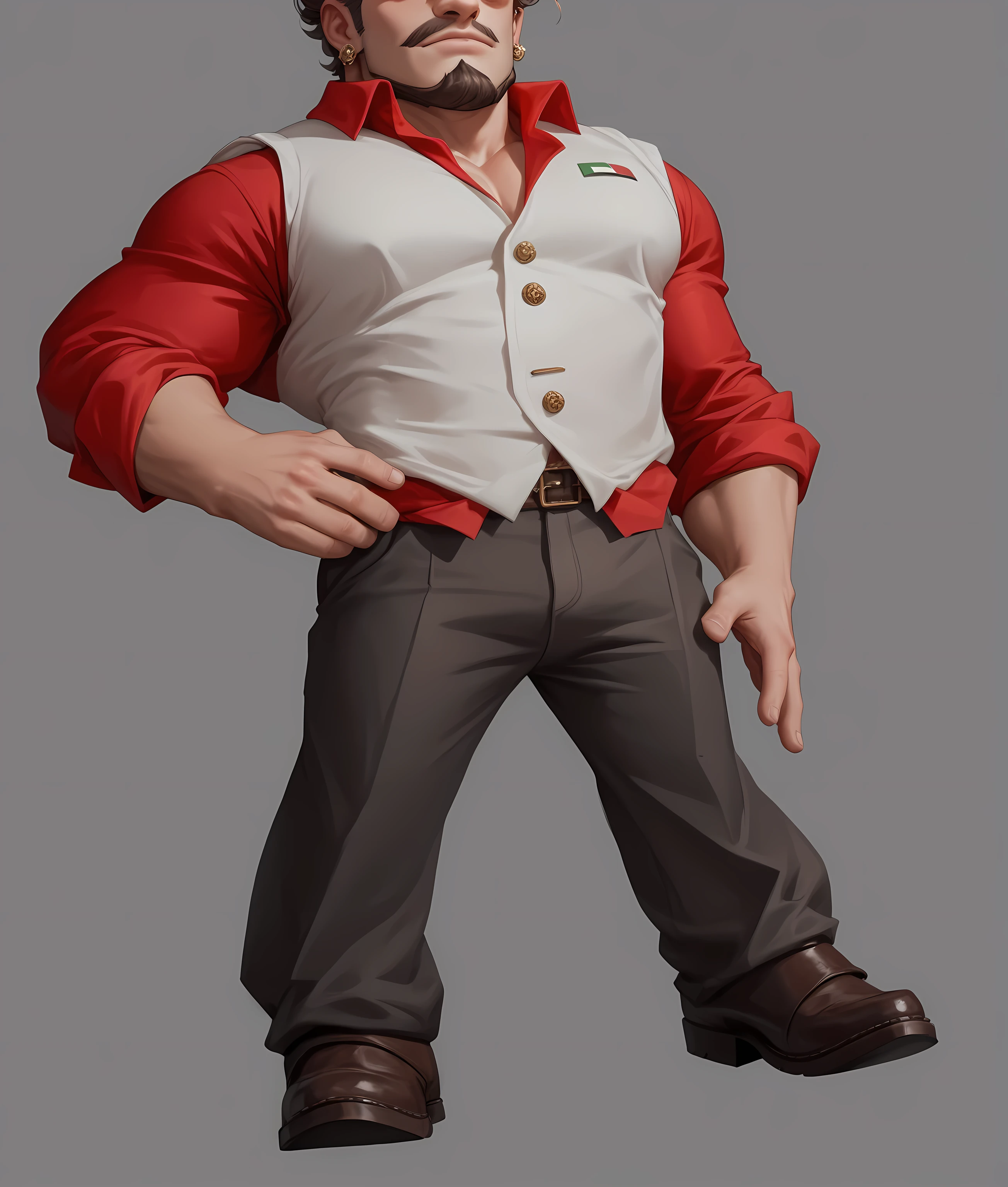 man,Italian Mafia,Mafia Boss, brown hair , and a strand of white hair on my ears, has a serious and ferocious expression,I have a beard on my chin , looking ahead , blue pupils,Profile, Red Shirt ,Brown eyebrows,Left hand on waist,Brown leather shoes,UE5 Rendering,Lumen lighting rendering