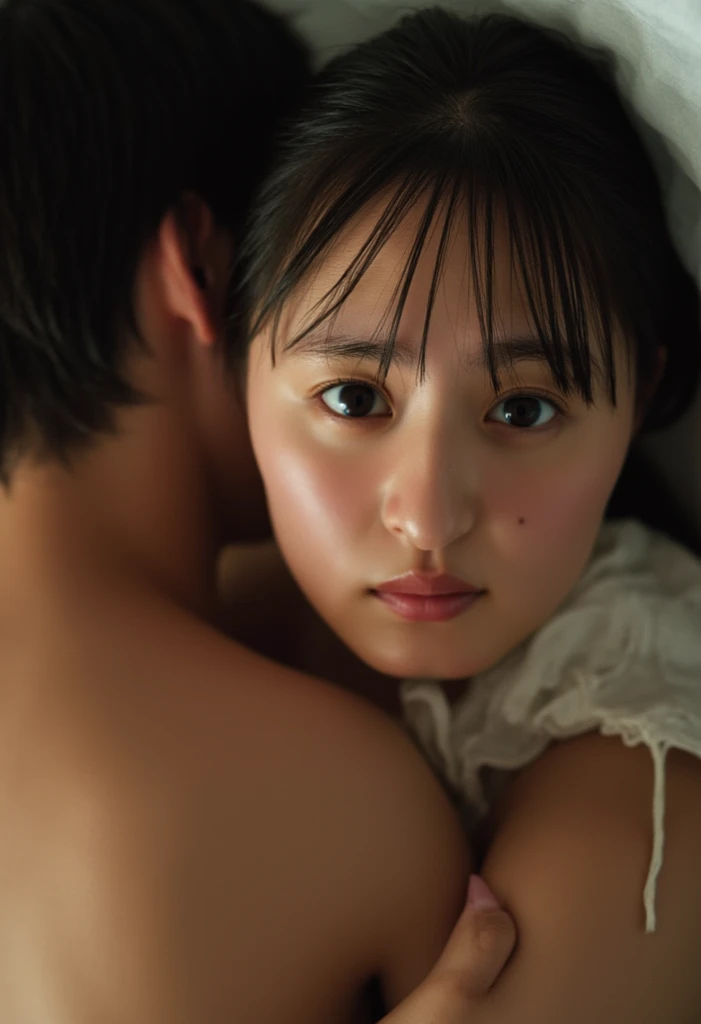 (Realistic, photo-Realistic), (masterpiece, Highest quality), RAW Photos, High resolution, Intricate details, Very detailed, Cinema Lighting, (Heterosexual, Couple,  Sister and Brother:1.8), break, One person, Japanese women,  (Small breasts, Flat Chest, Small bust size:1.8), skinny, thin, Black Hair, bangs, ponytail, hair ornaments, Hair Scrunchie, (Makes your face smaller:1.2), Detailed face, Beautiful attention to detail, Refined nose, Pale skin, Fine skin, Sweaty, Glowing Skin, Earrings, ネックレスbreak, (One person, naked8歳の背の低い:1.5), break, (Couple hugging each other:1.8), Photo Background, indoor, Home, ,((全身全naked)),(((nsfw))),((naked)),