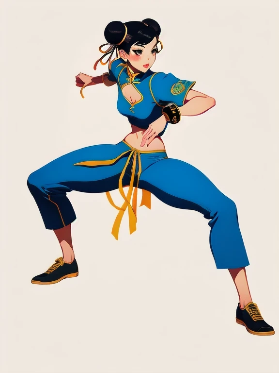 Hair Bun, double bun, eyeshadow, makeup, chinese clothes, pelvic curtain, solo, dress, bracelet, ribbon, pants, blue pants, makeup, short sleeves, wide hips, thick thighs, Beautiful Face, masterpiece, (See-through), (Perfect Anatomy:1.2),Combat Stance, 1girl ,Chun-li,flat color, flat art, line art , 80's pop Art Style, uses monotonous colors、Simple colors、Black and White