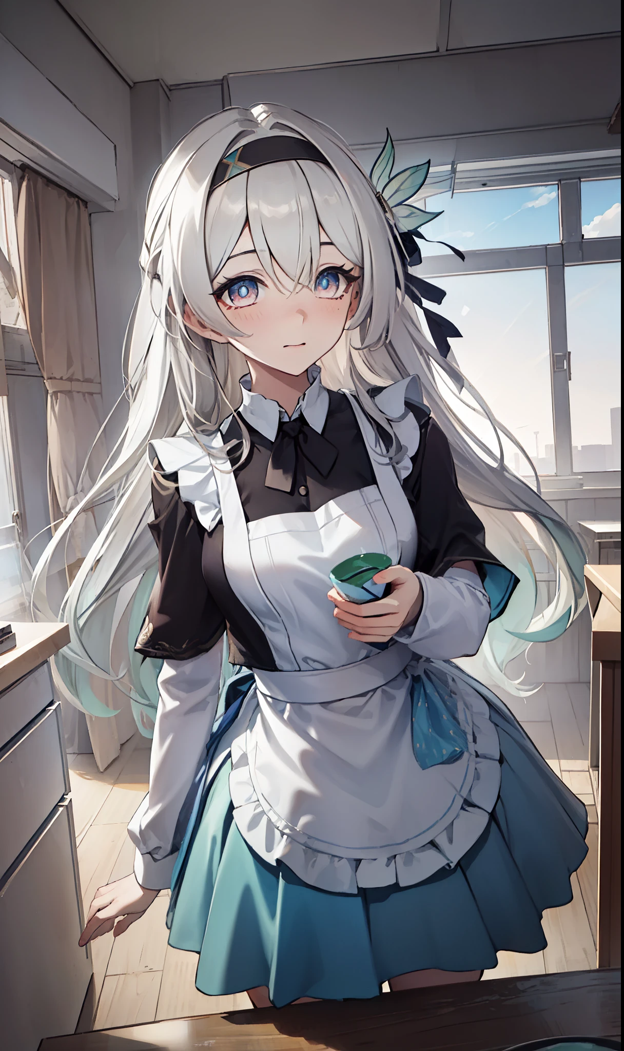 goddess，obsessed，  Have Fun  ，in love，( Transparent uniform， Wearing a long skirt )，Silver Hair，  transparent clothes ，Exquisite hair accessories，  transparent lace  ，妈妈的装扮，Sky blue pattern，night，Dress nicely，Lonely，night，Long socks ，  a pretty face ，garter，kitchen，  transparent apron，inflatable toy  