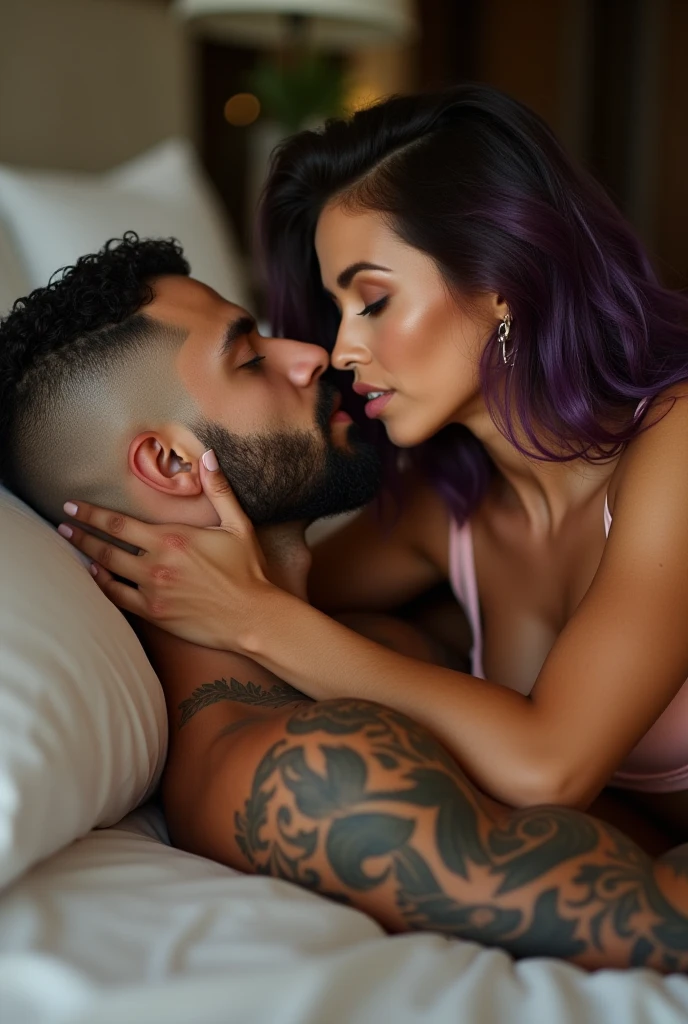 209 cm tall, 29-year-old, fit attractive man with black short layered swept back wavy crew cut hair, short black facial hair, shirtless, Mediterranean-Native American features, black cargo pants, hip shot, kissing much shorter woman 170cm tall light skin and vibrant maroon hair wearing white off shoulder shirt and lavender shorts, arms around her back as they sit on a dark fur covered bed in an underground basement with dark wood panel in low lighting, photorealistic, cinematic