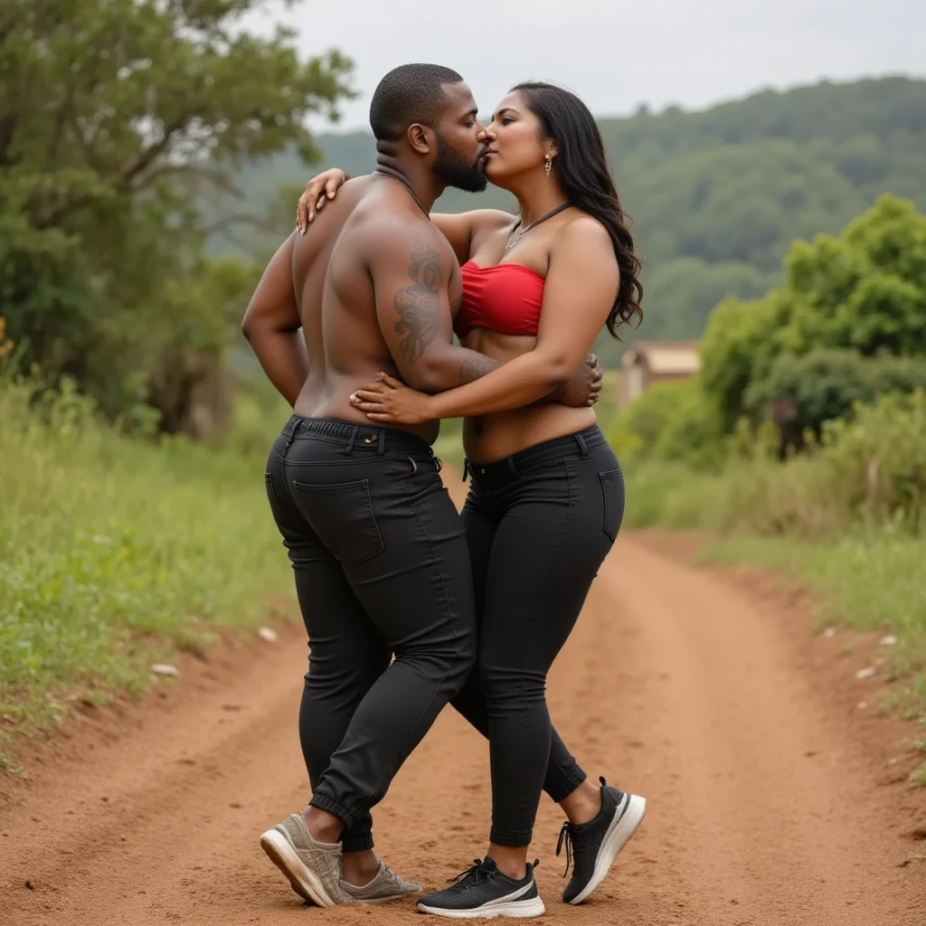 Photograph of a 23 year old full-figured dark-skinned african-american woman and a 25 year old very dark-skinned african-american man having an intimate picnic on a cliff while watching the sunset over the ocean. She is wearing a red sundress with white trim and red high heels. Birds flying in the background., perspective, cinematic lighting, depth of field, reflection light, backlighting, UHD, masterpiece, anatomically correct, textured skin, super detail, 8k