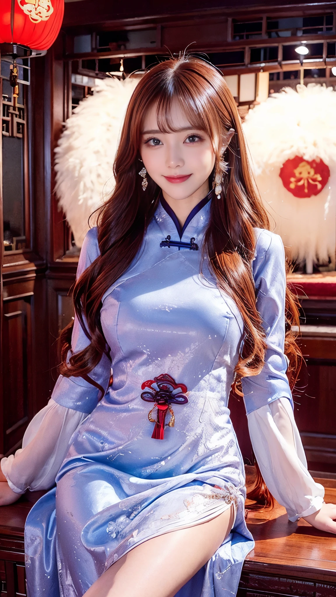 beautiful woman, Chestnut hair , Beautiful Eyes , Smile, Actual , Full HD, very beautiful dress ,Fluffy dress , curved body,Magnificent view ,Gorgeous decoration,cheongsam,中国发髻,Flowering