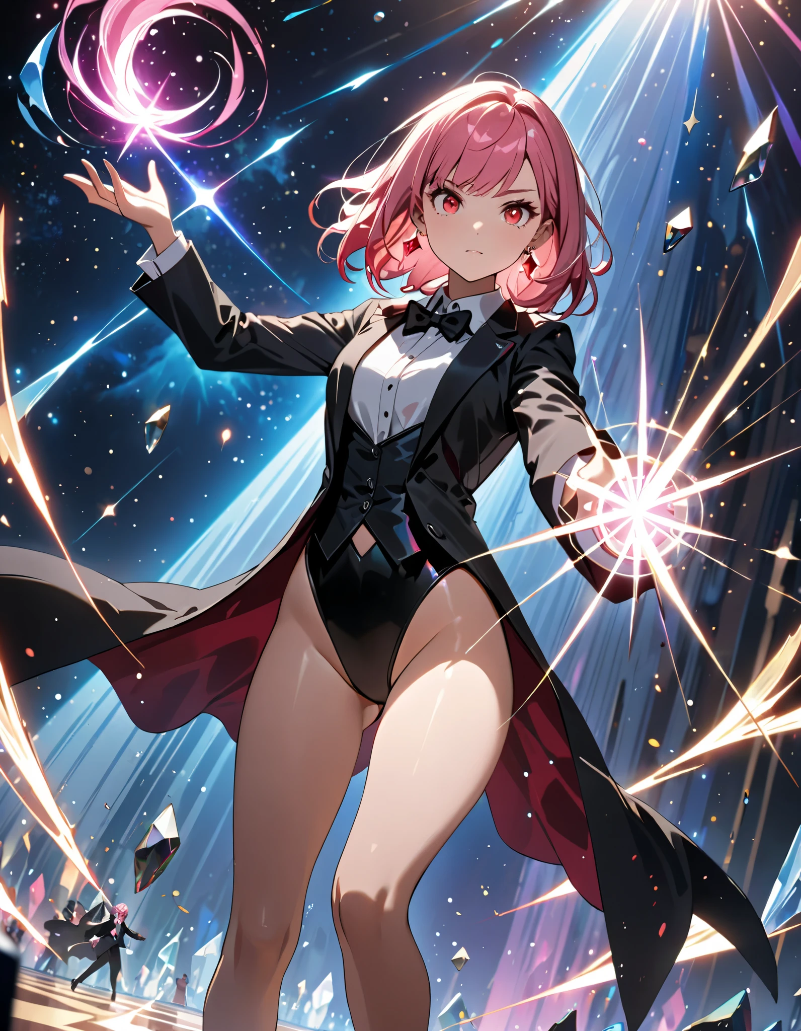 Masterpiece, best quality, high resolution, 8k, 1female, pink hair, medium hair, bangs, crystal earrings, red eyes, site collared shirt, black vest, high leg, black leotard, bare legs, black high heels, black tuxedo, magician, casting a spell, standing battle stance, spellcasting, magic, space backdrop, diffraction spikes, light particles, Dutch angle, fix hands.