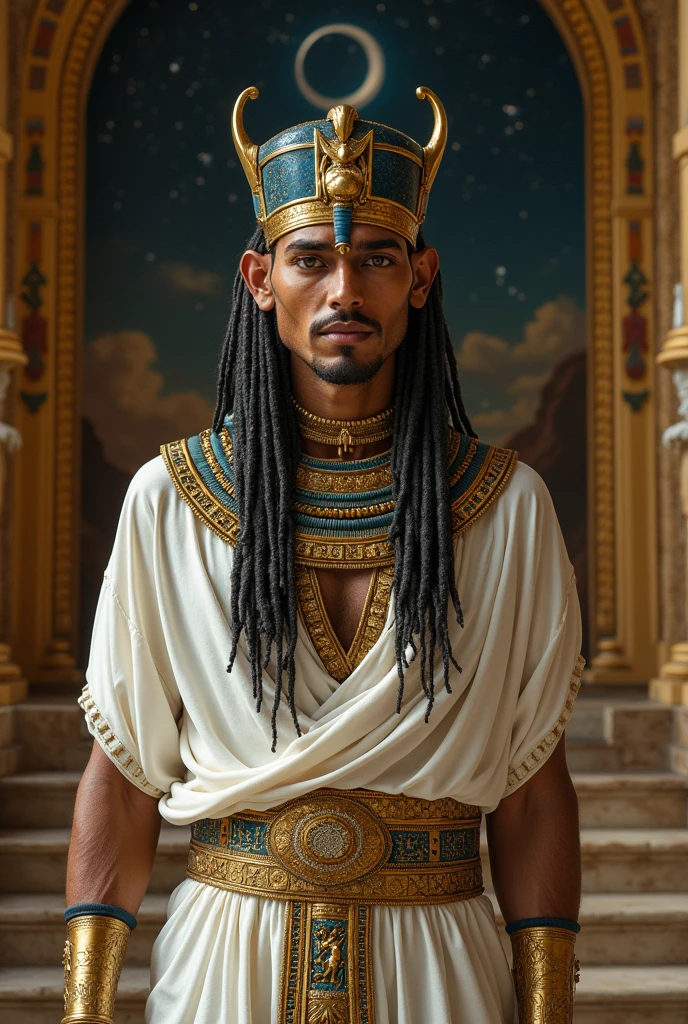 (best quality,4k,8k,highres,masterpiece:1.2),ultra-detailed,(realistic,photorealistic,photo-realistic:1.37),gay,vampire,egyptian pharaoh,tall and elegant vampire king,wearing a luxurious golden headdress and black cape,dark and mysterious eyes with a hint of red,sharp fangs,standing in a grand Egyptian palace,adorned with intricate hieroglyphics and ornate pillars,glowing moonlight shining through stained glass windows,casting ethereal shadows on the marble floor,subtle hints of ancient Egyptian symbolism,soft golden light illuminating the vampire king,powerful aura surrounding him,commanding the attention of all who see him,fierce and proud expression,ready to conquer the world with his immortal power