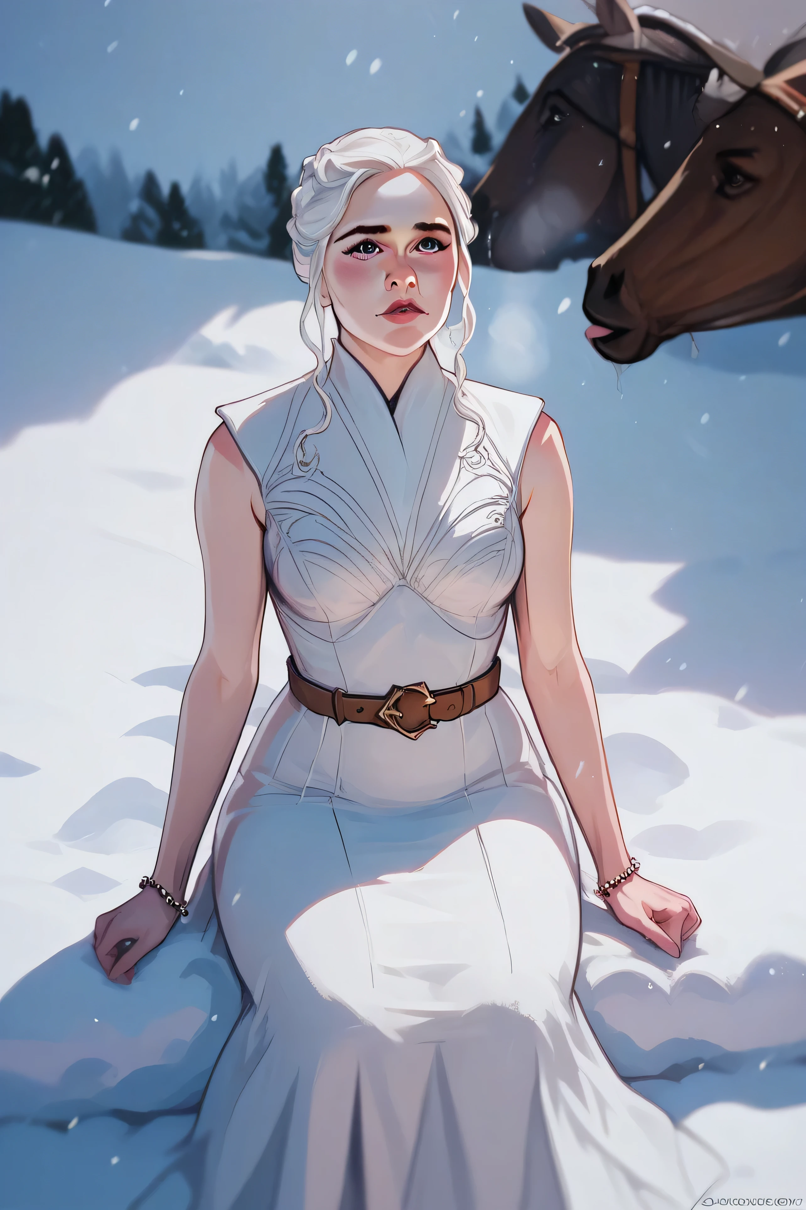 One girl, Daenerys Targaryen, tanned, black eyes, blushed, nigthgown, transpanrencies, nipples, pubic hair, on her knees