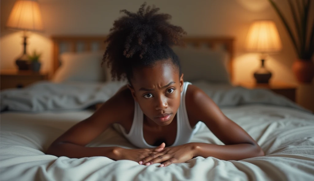 Portrait of a young girl of 14 years beautiful beautiful face perfect petit teen, she is happy, very beautiful African, praying eyes closed, in bed, (when humble, walls appearing the bricks, simple and old house, old pillows, very blurred background, of course: 1.2)
