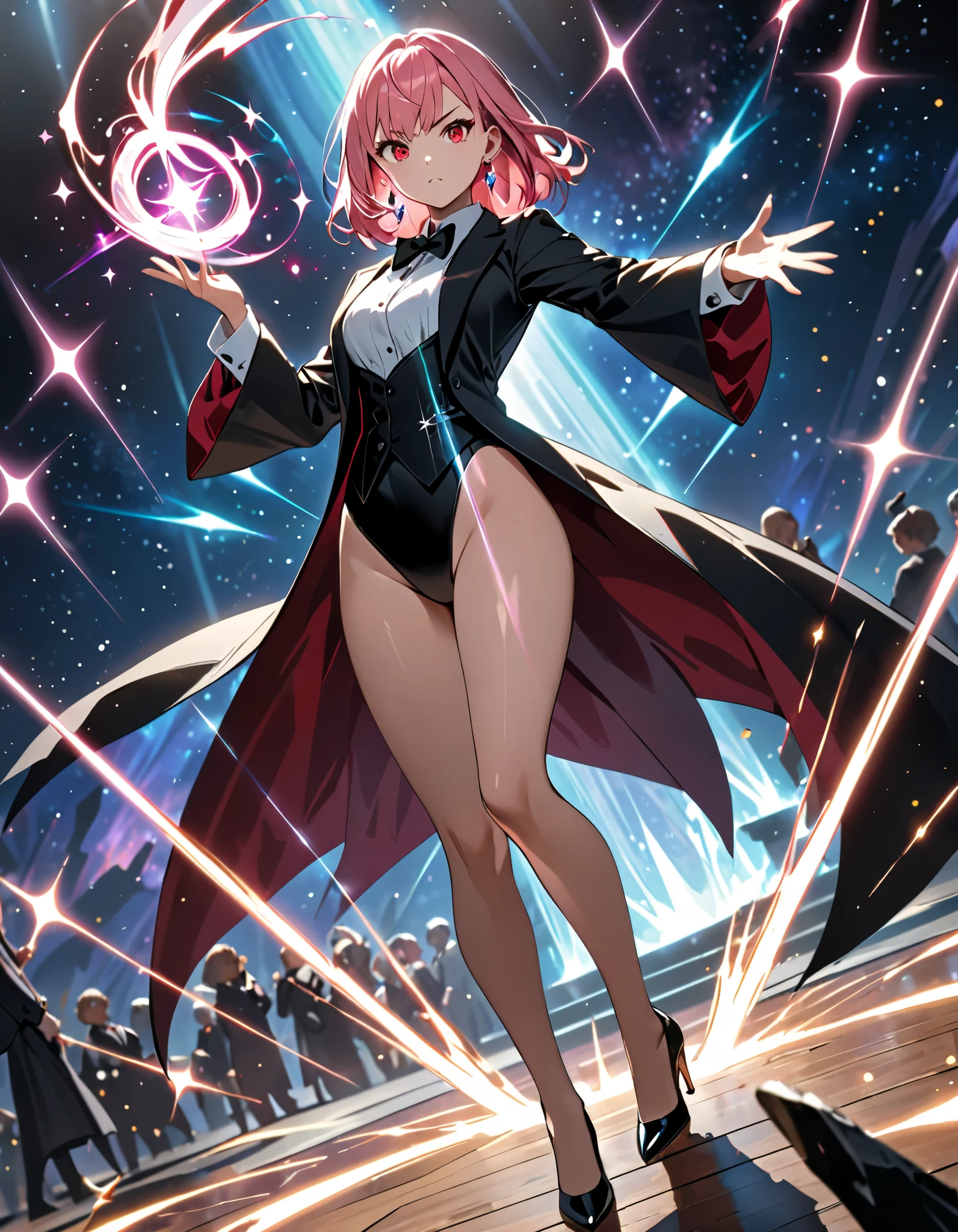 Masterpiece, best quality, high resolution, 8k, 1female, pink hair, medium hair, bangs, crystal earrings, red eyes, black suit jacket, site collared shirt, black vest, high leg, black leotard, bare legs, black high heels, tuxedo, magician, casting a spell, standing battle stance, spellcasting, magic, space backdrop, diffraction spikes, light particles, Dutch angle.