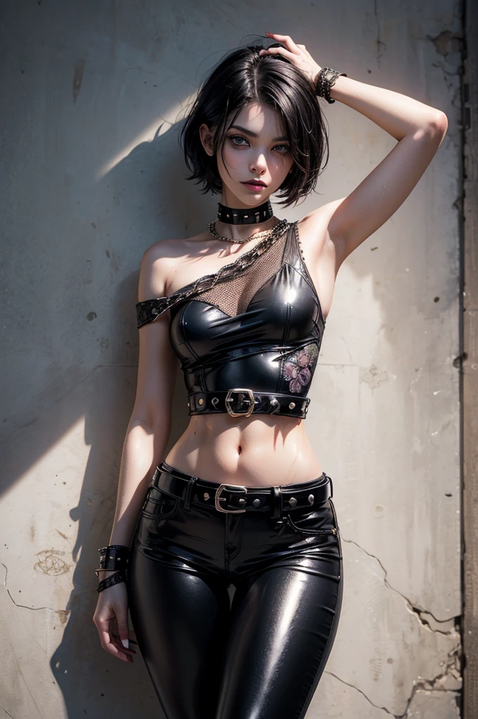 (Ultra-detailed eyes), (((textile shading))), (((Best Quality))), (((materpiece))), (((Ultra-detailed CG))), sassy girl, (((magical little girl))), (Petite), (tiny chest), black and white hair, black and white hair, black and white hair, with bangs, with bangs, hair with bangs((rock chic punk hair style, long hair, gorgeous hair)), Pink eyes, (((rock chick, punk, riot girl, y2k))), ((striking a pose)), (((Game CG)) (gorgeous, sassy, it girl), fancy jewelry, on a rooftop, Halterneck Leather Crop Top, Ruched Layer Top, cargo Pants, atmosphere,4K, strong rooftop atmosphere, cowboy shot, midshot, centered image, eye on camera, daylight, look at the viewer