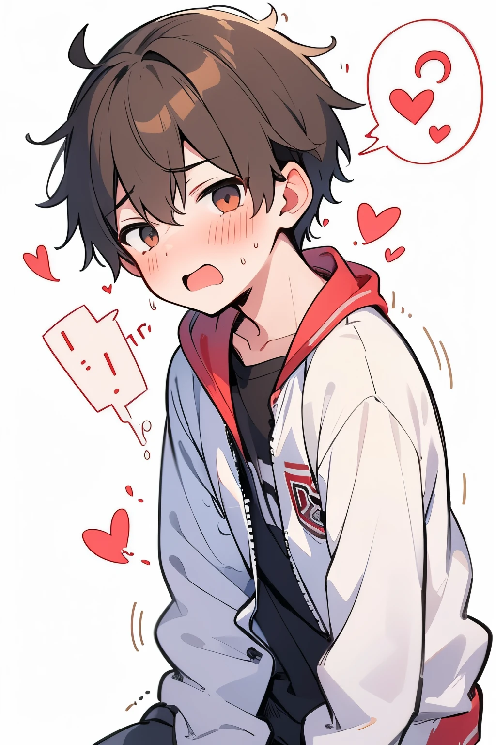 (1-boy :1.5),hypnotism,((Many question mark:1.0)),Short Hair, brown hair,♥️,(NSFW:0.5),(ahegao:0.5),slouch,Nervous,(heart eye:1.0), high school student from the side, Health Sports, creampied,,looking at viewer