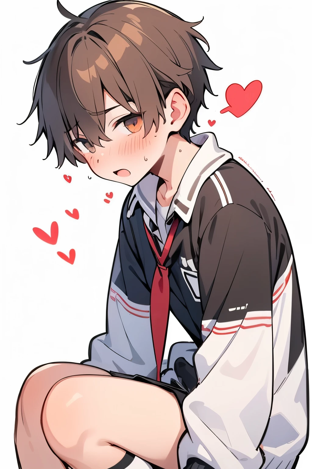 (1-boy :1.5),hypnotism,((Many question mark:1.0)),Short Hair, brown hair ,♥️,(NSFW:0.5),(ahegao:0.5),slouch,Nervous,(heart eye:1.0), high school student from the side, Health Sports, creampied,,looking at viewer