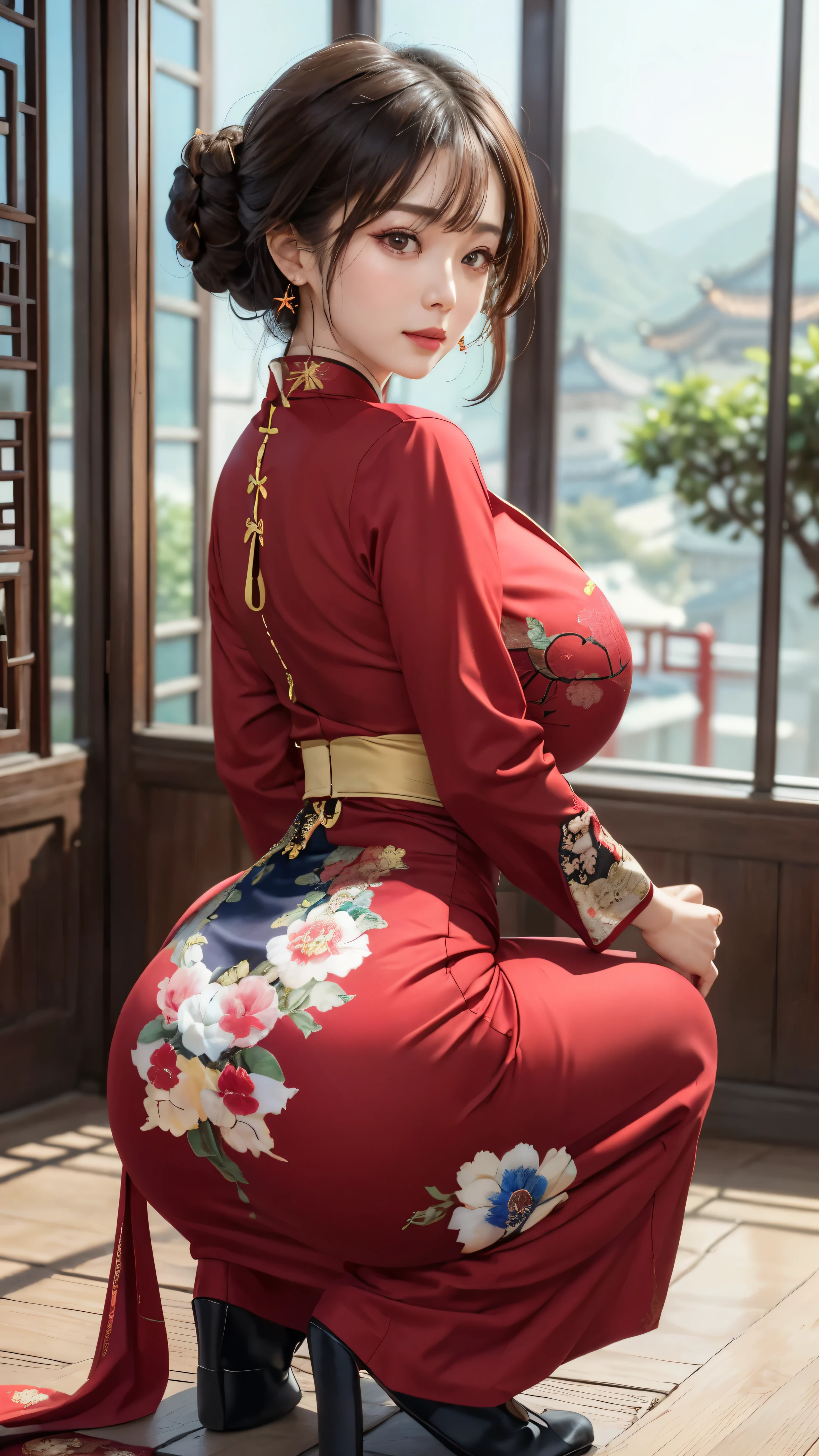 Woman seen from behind A 39-year-old woman wears Manchurian clothing with a flashy red floral pattern at the Chinese court during the Qing Dynasty. There's also a big butt sticking out below. Seen from behind while peeing, not wearing panties Hair is a hair ornament with flashy flowers A woman with her hair tied up and pulled up.The background is outside a Chinese palace from the Qing Dynasty.