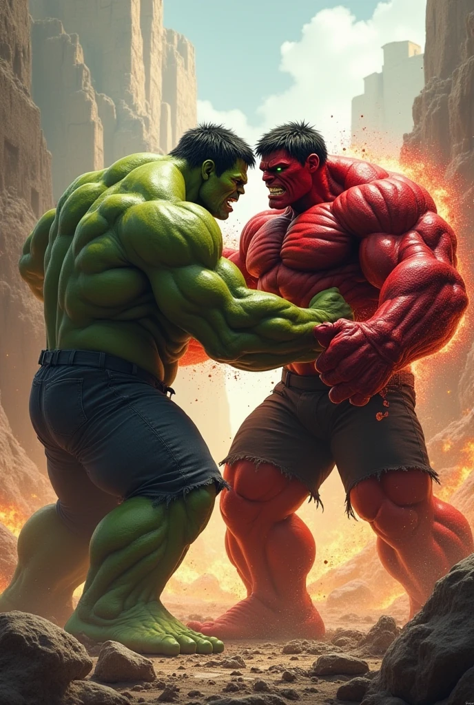 An explosive battle between the iconic green Hulk and the ferocious Red Hulk, taking place in the heart of a bustling city. The epicentrum of the chaos is a normally orderly street, now transformed into a makeshift arena with the Governor's office serving as the dramatic backdrop. The two behemoths are locked in an intense grapple, muscles bulging and veins popping as they each struggle for dominance. The green Hulk's eyes are narrowed with determination, while the Red Hulk's are ablaze with fury. Surrounding them, cars are flipped and smashed, streetlights bent, and concrete cracked, showcasing the sheer power they exude with every movement. Pedestrians and onlookers have scattered in panic, with some peeking out from the safety of shattered windows and overturned vehicles. The sky above is a tumultuous mix of dust and debris, with the setting sun casting an eerie, apocalyptic glow on the scene. The Governor's office looms in the background, its grandeur overshadowed by the towering figures of the Hulks. Inside, the silhouettes of government officials and staff can be seen watching the clash in horror and disbelief. The atmosphere is electric with tension and the anticipation of an imminent victory, as the city holds its breath, unsure of the outcome of this monstrous bout.