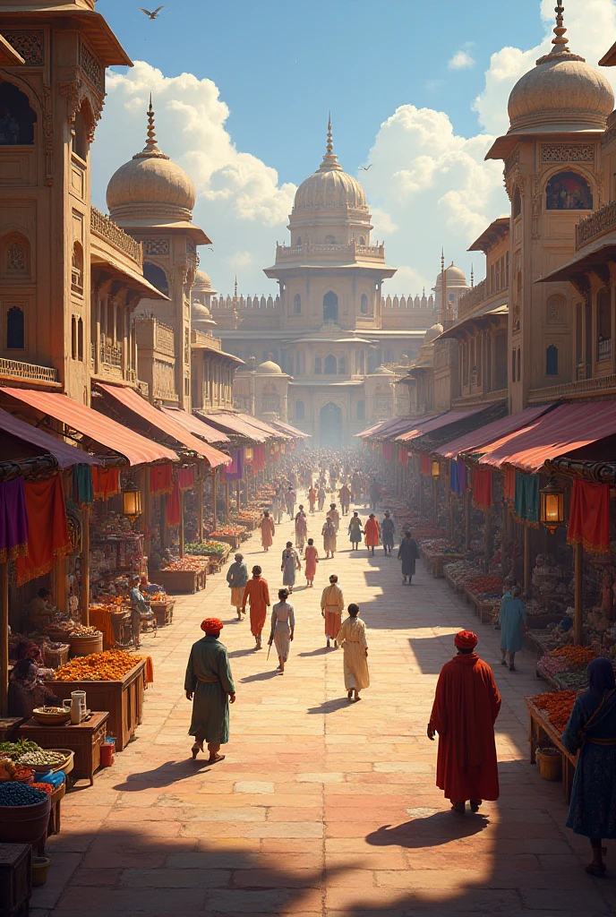 “Create a detailed illustration of सिरहिंद in 1705, focusing on the architectural elements of the period. Include traditional buildings, fortifications, and the bustling environment of the city during the time of the capture of साहिबजादा जोरावर सिंह and साहिबजादा फतेह सिंह.”