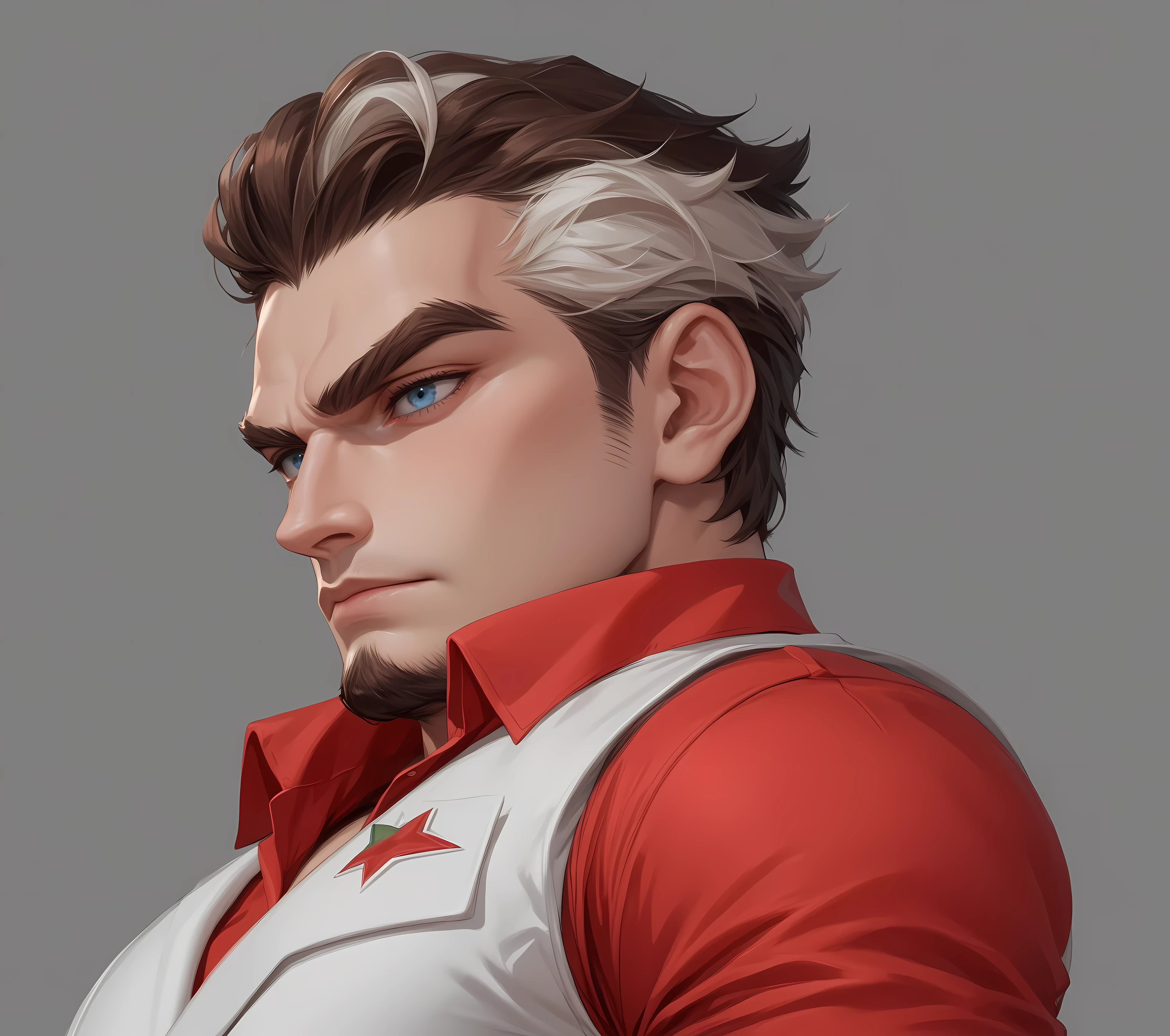 man,Italian Mafia,Mafia Boss, brown hair , and a strand of white hair on my ears, has a serious and ferocious expression,Ferocious Fury ,I have a beard on my chin , looking ahead , blue pupils,Profile, Red Shirt ,White vest, White Suit Vest,Brown eyebrows,Left hand on waist,UE5 Rendering,Lumen lighting rendering
