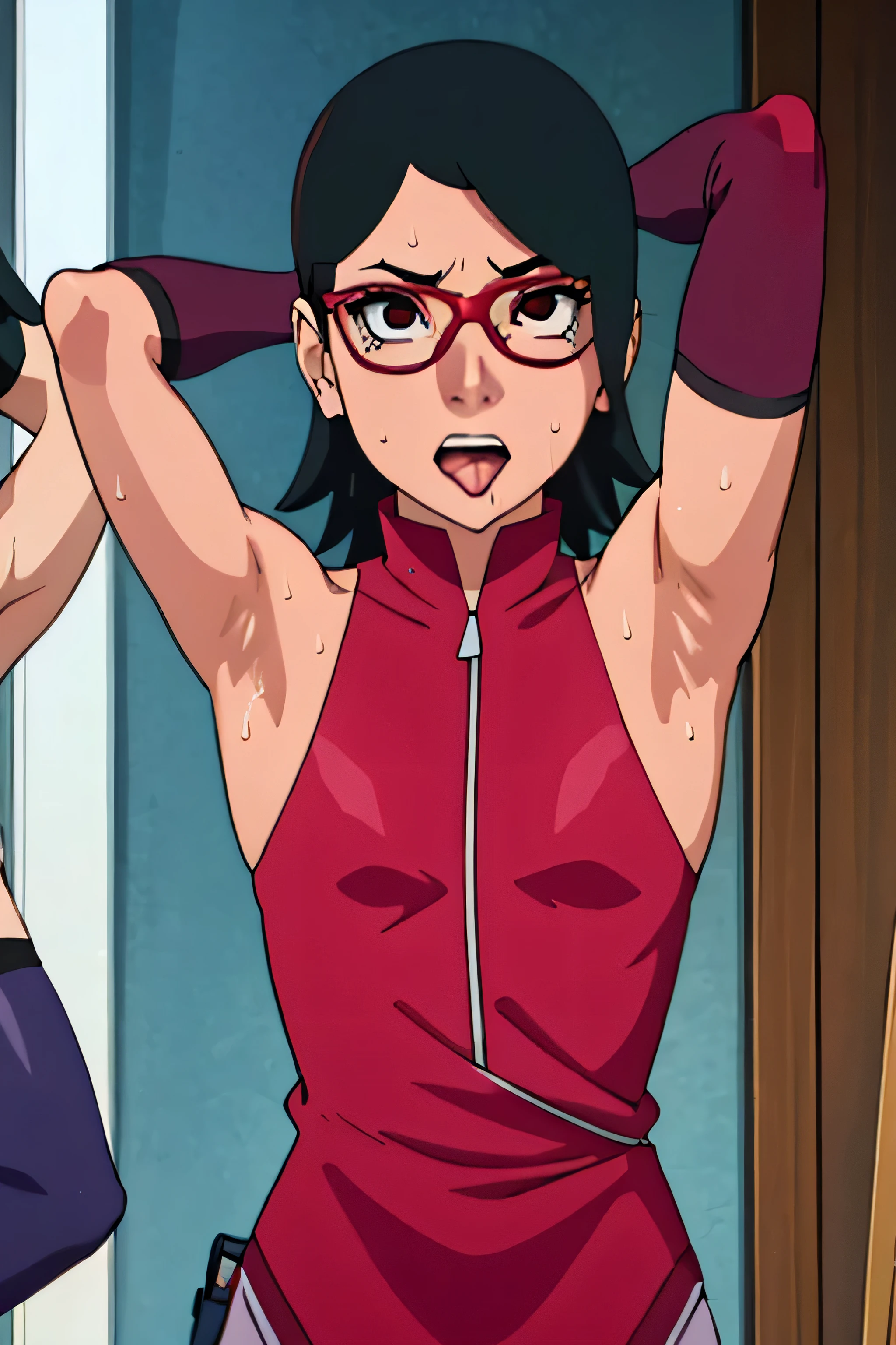 Sarada Uchiha,human woman with tanned skin. She is a 1 ager with black eyes and red clothing. Her hair is black in color; She is beautiful.Wearing red rimmed glasses.Tsundere face. Pink eye shading,mature appearance,armpits,sweat,sweaty,sweaty armpits,arms up,showing armpits,awesome armpits,outfit,blackish red arm warmers,maroon arm bands,maroon arm warmers,showing tongue,tongue out