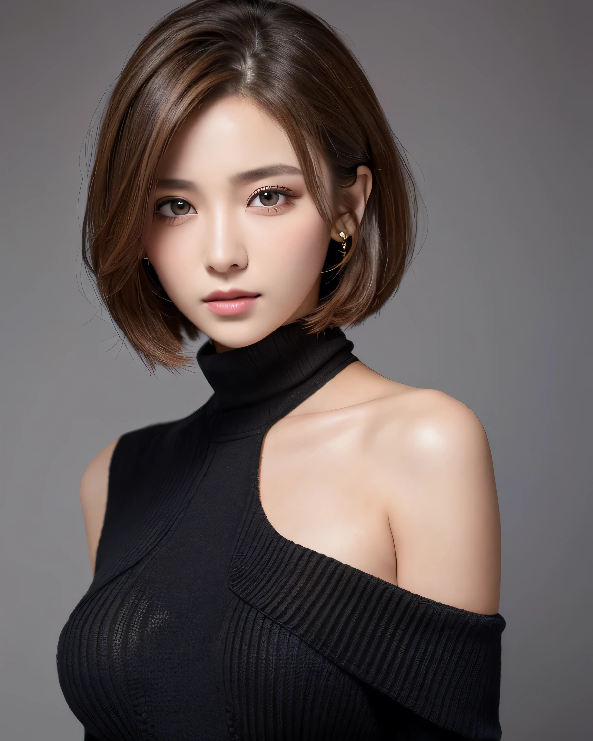 ((Highest quality, 8k, realistic photographic expression、masterpiece: 1.3))、（(Slender body:1.4)）、(((Beautiful middle-aged woman、50 year old Japanese matomically correct face、charisma)))、(Slim and toned waist:1.3),(((Very large sagging breasts)))、((A lot of brown hair、Perfectly styled short hair))、(())、((Black satin lingerie with lace))、Perfect Makeup、((smile:1.2))、Thin legs, Small face with pointed chin、Rough skin、Long droopy eyes、(Wrinkles around the eyes:1.4)、necklace, (Professional cool lighting:1.3)、(Upper body shot:1.2)、cool and simple dark wall background、
