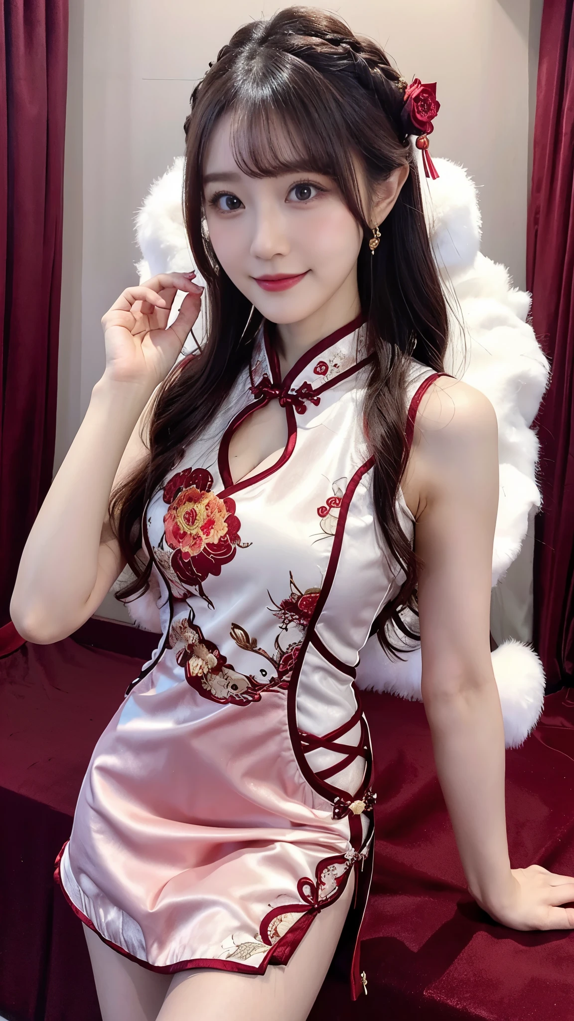 beautiful woman, Chestnut hair , Beautiful Eyes , Smile, Actual , Full HD, very beautiful dress ,Fluffy dress , curved body,Magnificent view ,Gorgeous decoration,cheongsam,中国发髻