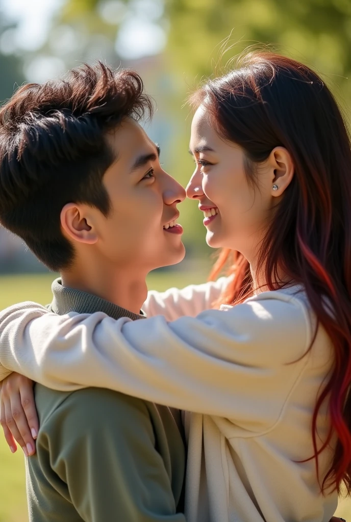 Two asian teens staring into each others eyes with all the love in the world. The girl has her arms wrapped around the guys neck, she has red highlights following a head of long brown hair, and the guy has a Korean perm on a head of dark brown hair. It is sunny out and they are as happy as can be
