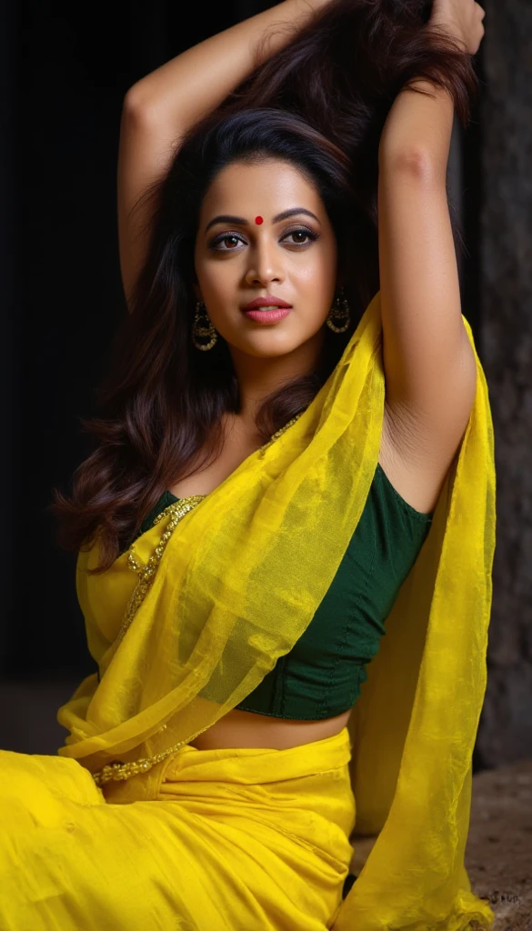 a woman padded blouse and pink, yellow saree, round face,fair skin, beautiful face, angle face,big cheeks, curvy, swooping breasts, deep cleavage, open arms, sexy armpits,big penis, nipples, ass, necklace, (cinematic:1.3), a woman in a mustard colored sari and gold jewelry, draped in silky gold, traditional beauty, gold and green, wearing elaborate green and gold, dressed in a sari, with lovely look, draped in gold, olive green, with yellow cloths, very beautiful enga style, stunning elegant pose, very attractive and beautiful, indian goddess, green and yellow tones