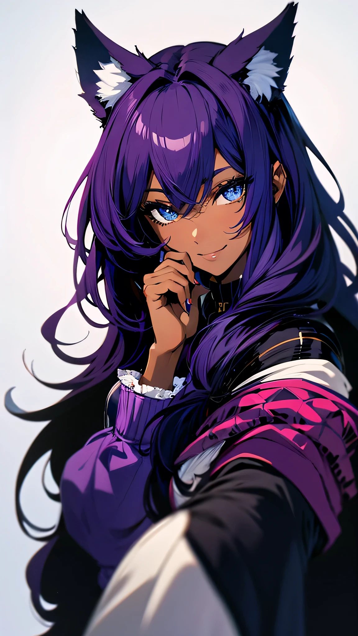 Masterpiece, brunette woman, dark skin, purple hair, focus on face, upper body photography, with cat ears and fox tail, pointing left hand to head (hand touching head), touching finger on the head, and the right hand pointing at the camera, smiling, photograph from the side (very detailed), photograph from the side, high contrast and extremely detailed and solid colors (solid color background)