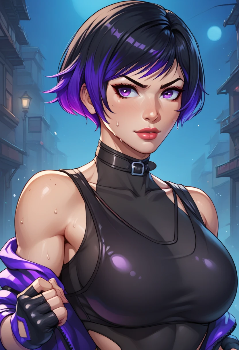 1 Woman in black costume with white pants, dressed as a maid/Ninja, big breasts, staring at the viewer, holding a katana attached to a chain, she has short purple hair and blue eyes, she is in a dark alley with bandits in the background, grimace, Unreal Engine 5, Mortal Kombat, anime, Action painting, Suprematism, anatomically correct, 16k, masterpiece, best quality, high details, UHD, ccurate