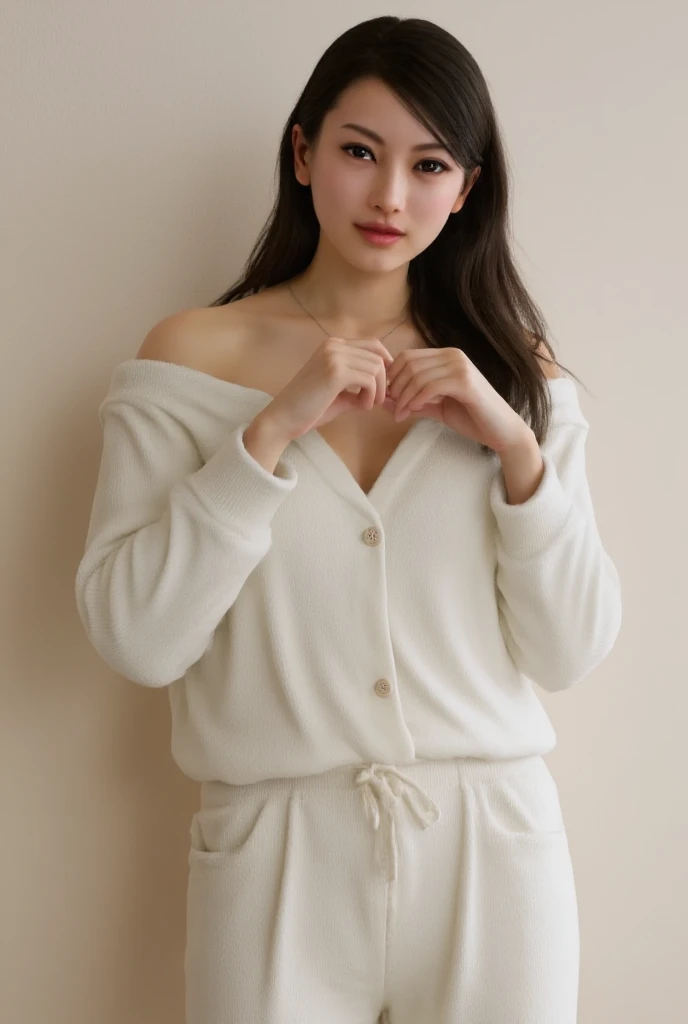 Beautiful Chinese woman, 20 years, with bangs; home cozy clothes, Material: soft, velvety or velor, top: Free, long-sleeved, one shoulder is bare, through: Спортивные штаны с резинкой вthroughу, ties at the waist, color: Light beige or cream, fashion: everyday, relaxed style, details: Deep pockets on pants.; joyful, carefree, smiling, squinted eyes, sincere happiness, joy, serenity, Enjoying the moment; sitting on the sofa.(masterpiece, accuracy, 8 K)