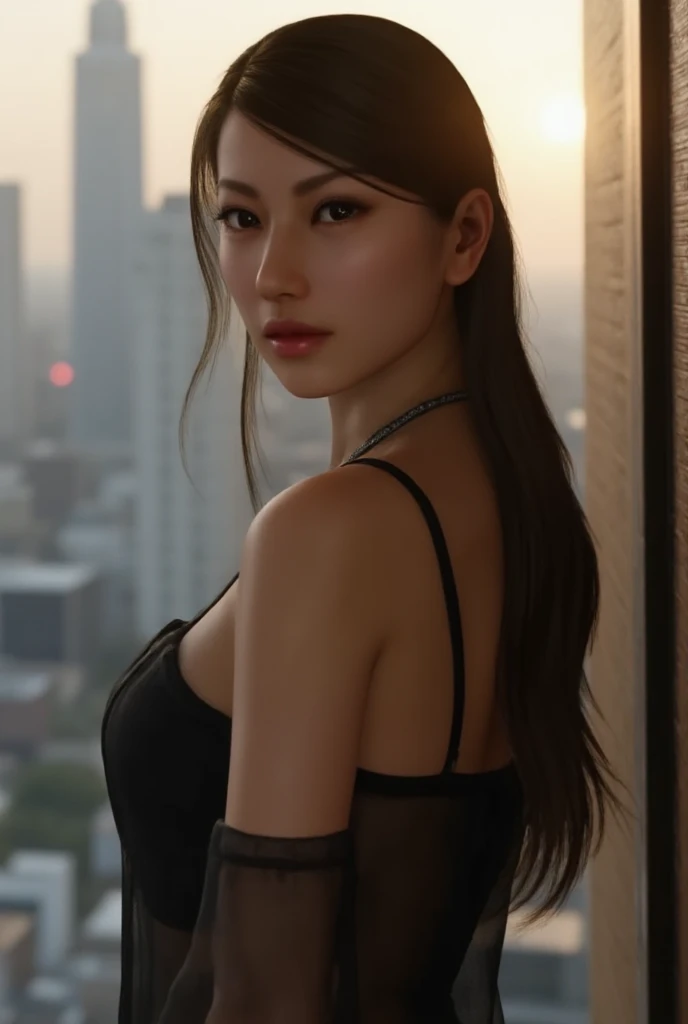 best quality, masterpiece, realistic photo, 8k, 4k, extreme resolution, ultra high resolution, dynamic lighting, real lighting, night, upper_body, selfie, Sexy black leather dress, in a nightclub, nightclub lights