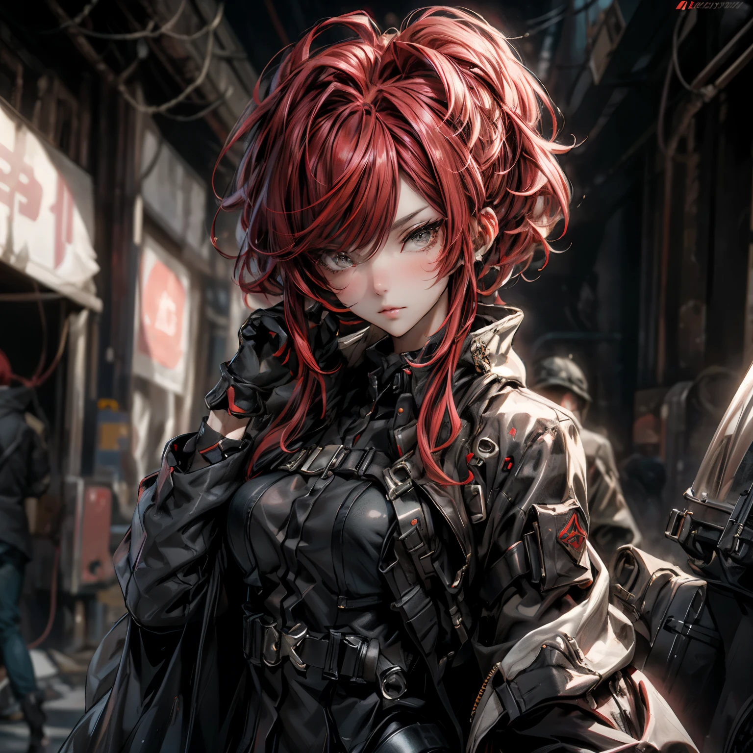 ((best quality)), ((Masterpiece)), ((Enrich the picture,Masterpiece level quality)), ultra background details, an image of a beautiful cyberpunk woman, mature woman, fierce woman, นายทหาร, นายพล, sexy military uniform, cyberpunk theme, (( curtainbangs, red hair)), golden eyes, sexy black mini skirt, sexy jacket, ผู้คน, , bunker, ตุ้มหู, gloves