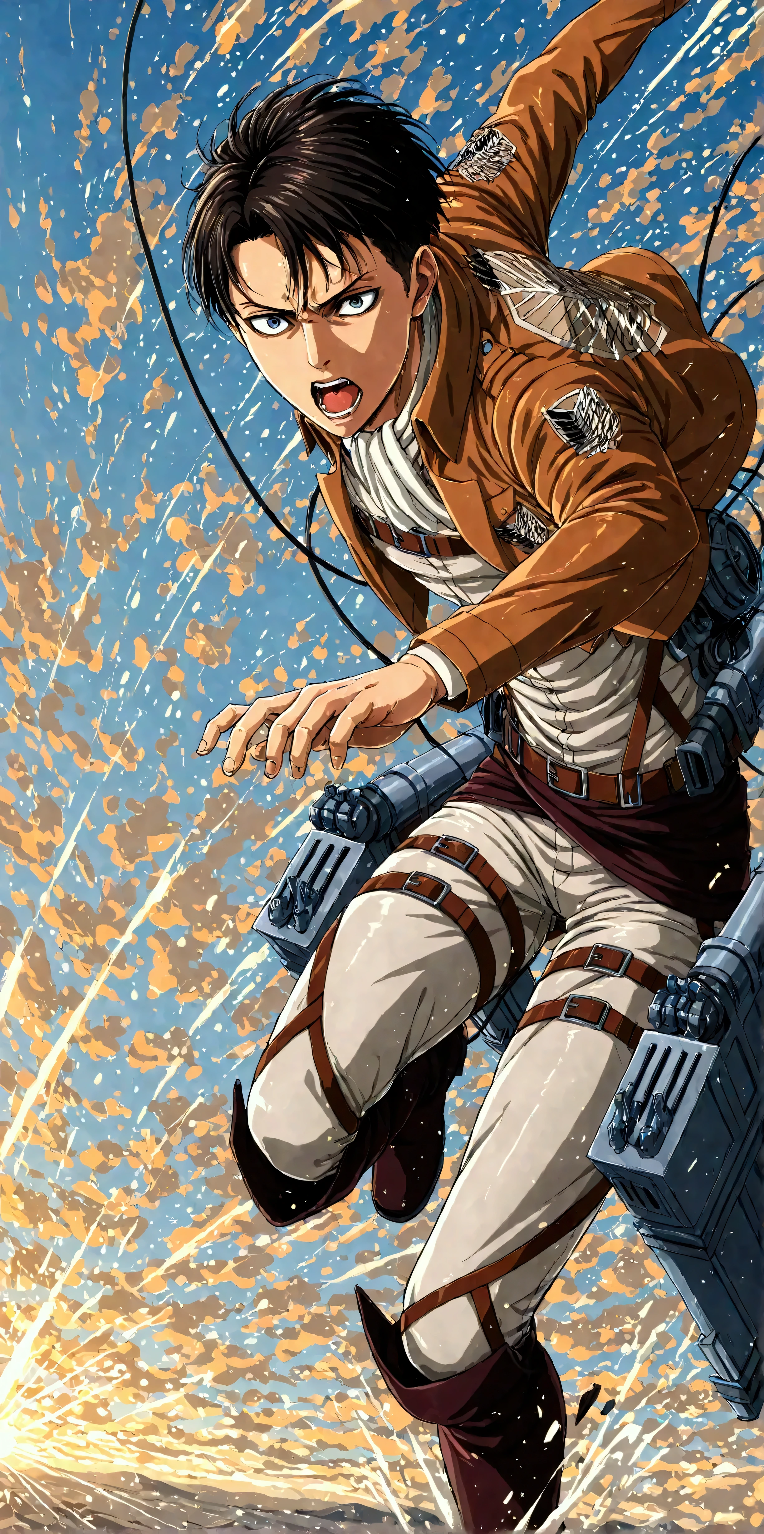 1boy\(Levi Ackerman\(attack of titan\),diving to Titan from high above by The 3-D Maneuver Gear, downspin,motion blur,(dynamic pose),mad,angry,open mouth\).anthro,screen capture.dynamic angle. BREAK .quality\(8k,wallpaper of extremely detailed CG unit, high resolution, top-quality, top-quality real texture skin, hyper realistic, increase the resolution, RAW photos, best quality, highly detailed, the wallpaper, golden ratio, high saturation realism, vibrant colors, dramatic lighting, persuasive storytelling, atmospheric scenery, captivating visuals, intricate details, strong emotions, dreamlike world\).landscape, dutch angle,action shot,(motion blur:1.3),limited color,horror mood