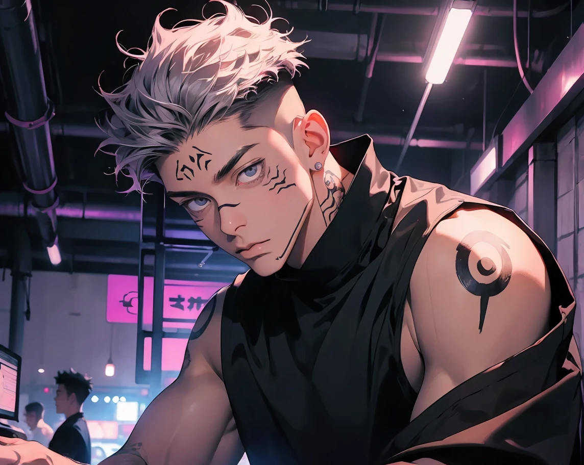 highest quality, 8K, high resolution image, anime style Jujutsu Kaisen, (Gilgamesh | Fate), detailed strokes, bored look , blurred, purple light reflecting from it, (close angle), 1 man, young, male, model, hand in pocket, cool guy, multicolored Background with various geometric shapes, around stickers, muscular, Blue hair, Red eyes, short Hair, Blue hair, highlighted hair ,swollen chest, He is wearing a black sportjacket and black sweatpants, Black Sportjacket, black sweatpants and a gold link chain, sweatpants, Background: Room,