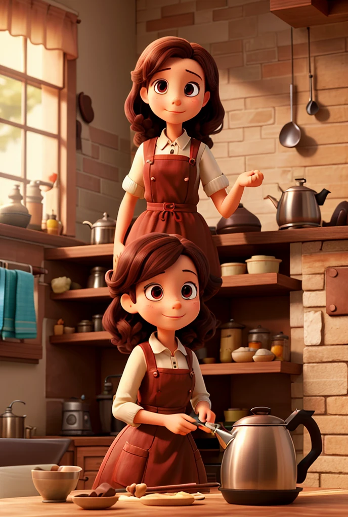 woman in chef outfit smiling, with arms crossed, slightly slanted eyes very long dark hair