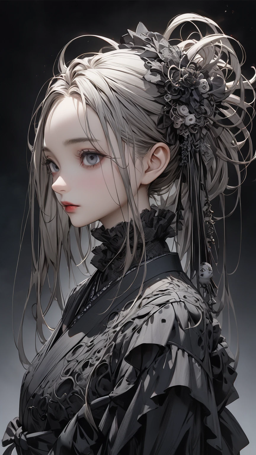 Mechanical doll magical girl, female, 14 years old, thick bangs, beautiful long black hair curled vertically and heavily disheveled in the wind, slit eyes, very large crescent-shaped eyes, very large dark gray eyes shining like jewels, long eyelashes, very thin little nose, very small mouth, very thin upper lip, light colored natural makeup, very slender and attractive body, (complex mechanical steampunk headgear, black lace flared skirt, complex mechanical overdecorated gothic lolita fashion combined with steampunk fashion), upturned small beautiful breasts, (exploding flames in the background). (complex mechanic factory, lots of gears, lots of piping, lightning filled space sky), create highly detailed and realistic images, (super detailed background), (dark mysterious: 1. 2), (masterpiece), (highest quality), (highest detailed face).