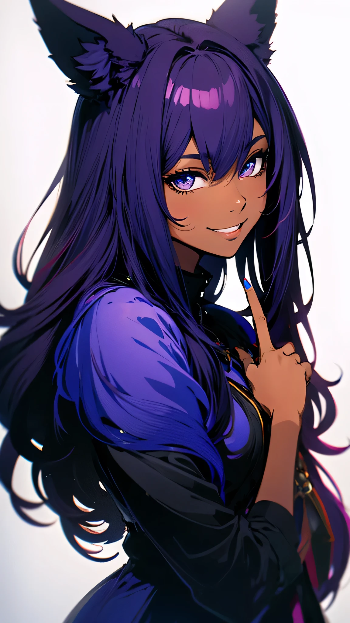 Masterpiece, brunette woman, dark skin, purple hair, focus on face, upper body photography, with cat ears and fox tail, pointing left hand to head (hand touching head), touching finger on the head, and the right hand pointing at the camera, smiling, photograph from the side (very detailed), photograph from the side, high contrast and extremely detailed and solid colors (solid color background)