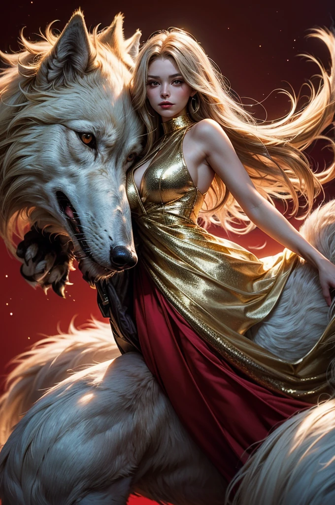 a beautiful woman, a white wolf, gold dress, fair skin, long brown curly hair, a white-fur wolf behind her, revenge, fierce, luxury modern background, 4k, hd, hyper-realistic, realistic