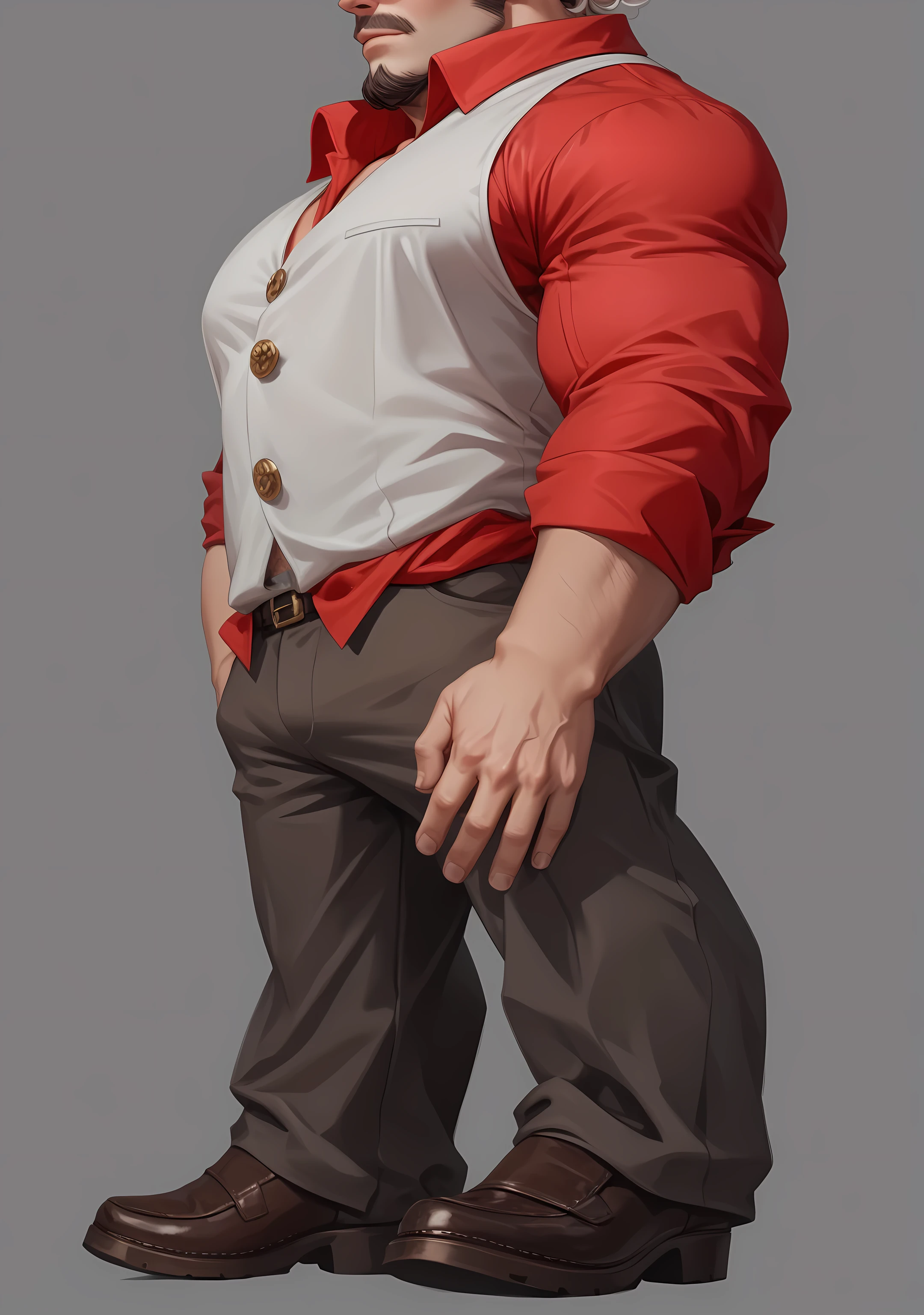 man，Italian Mafia，Mafia Boss， brown hair ， and a strand of white hair on my ears， has a serious and ferocious expression，I have a beard on my chin ， looking ahead ， blue pupils，Profile， Red Shirt ，Brown eyebrows，Left hand on waist，Brown leather shoes，UE5 Rendering，Lumen lighting rendering 