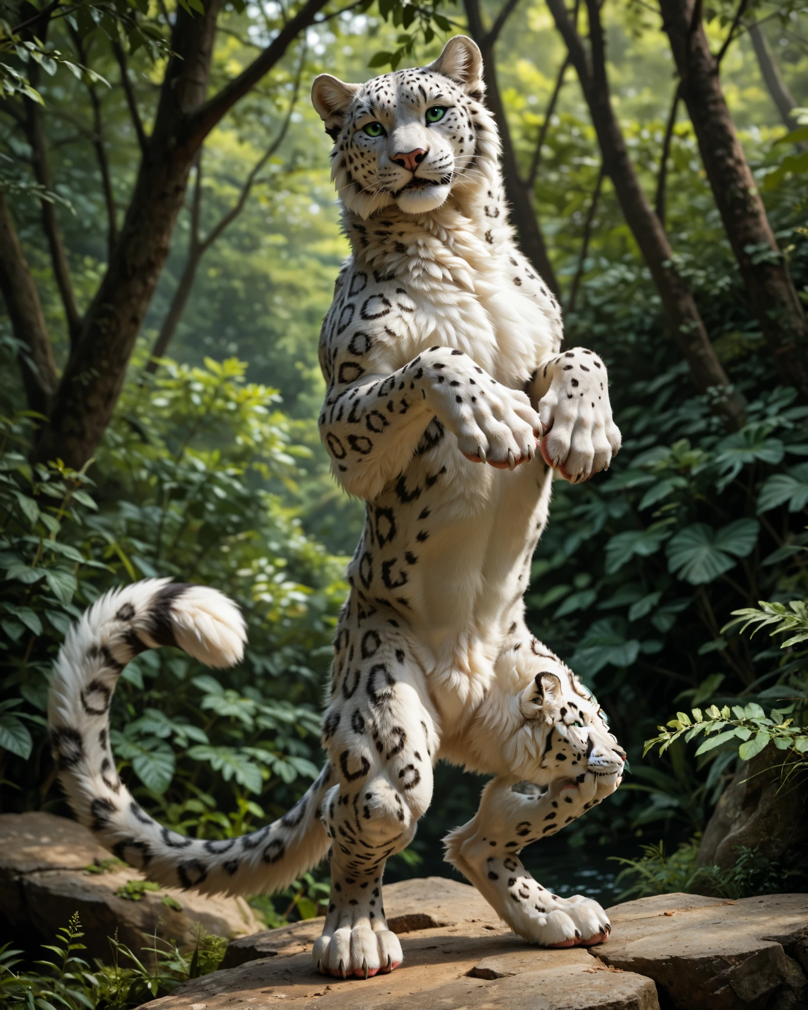 source_furry, source_9, score_8_up, score_7_up, full body, front view, ((solo)), feral, white leopard, male, naked, animal, stands upright, stands upright, hands up, with a neck pocket, looking at the viewer, (detailed background), nature, high quality, furred body, fluffy, with claws, (detailed eyes, green eyes), highly detailed, beautiful, pawpads, paw pads, dutch angle