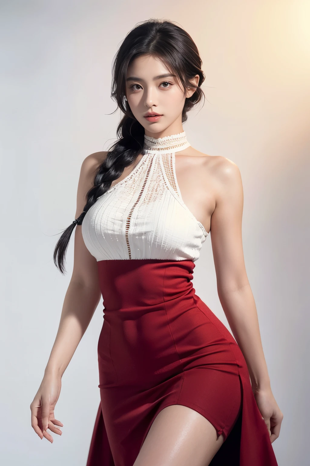 masterpiece,best quality,high resolution,8K,20 year old girl,single braid,(black hair),Full breasts,cleveage,Elegance and nobility,Serious and indifferent,Rich details,Clean background,mulatto,Sexy look,big eyes,(Standing),Sexy pose,Center the character,(Red dress),White background