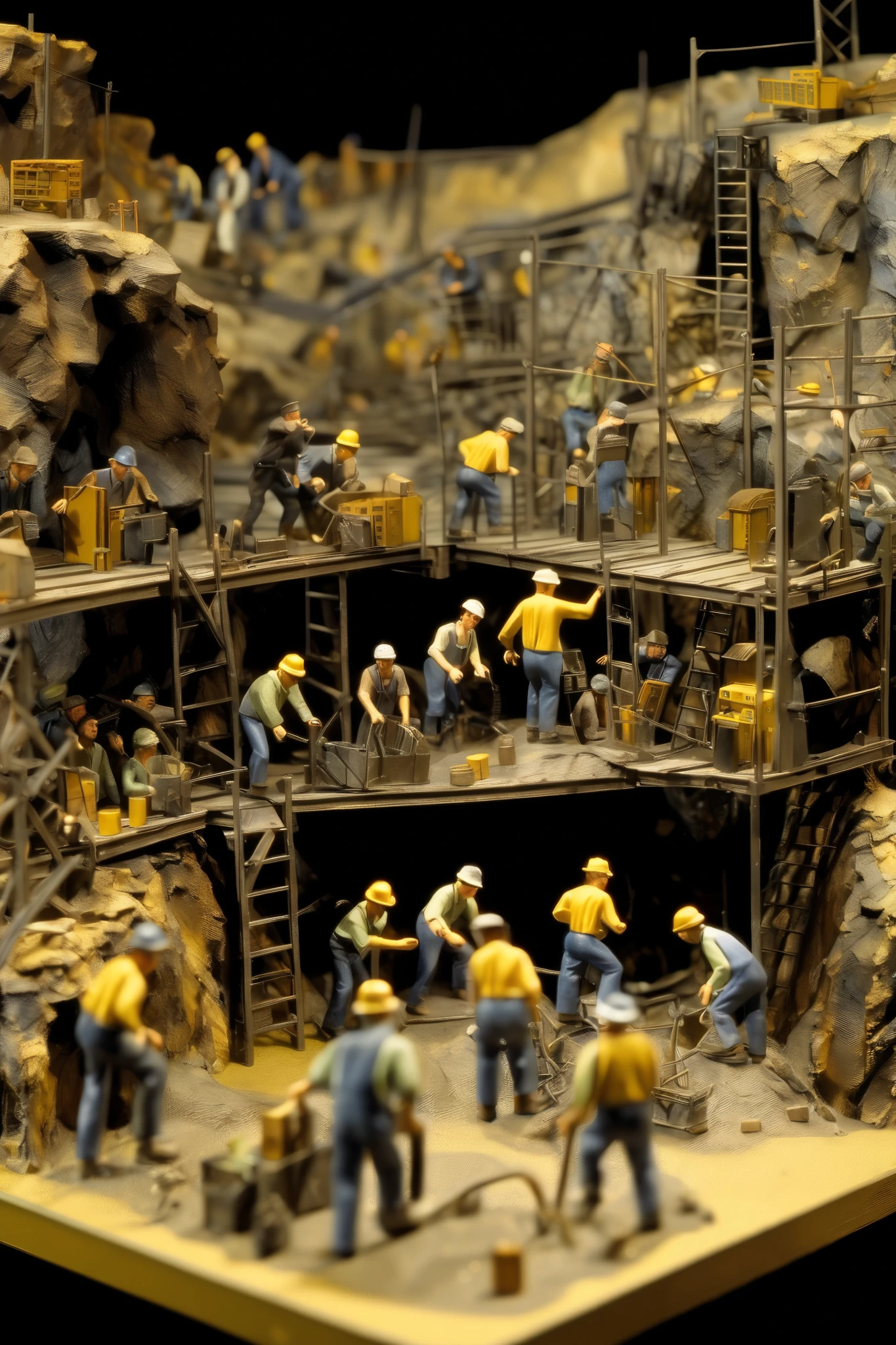 Diorama - Diorama, scaled scenery of a group of miners working on the border of an open cut mine fitted into a data rack