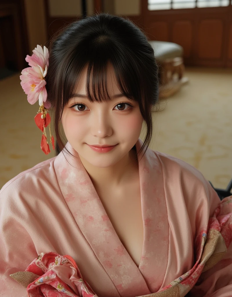 woman((30 years old)), hair(( Brown)), eye((smart eye, Hazel)), Clothes((kimono, white)), hair bun, Earrings, Huge , bouquet, white gloves, Japanese Style House, lanthanum, smile, Cleavage, Open your mouth,