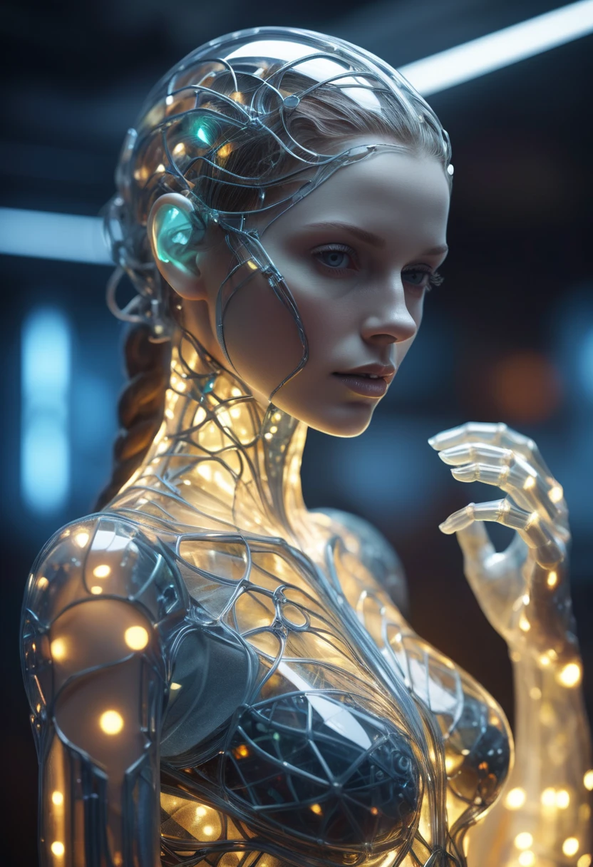 Ultra detailed illustration of the light silhouette of a woman,phantasmagorical figure,(translucent skin:1.6),(translucent body:1.5),(by Mschiffer:1.1),neon lights,light particles,colorful,cmyk colors,(firefly light:1.2),backlit,cyberpunk,soft natural volumetric cinematic perfect light,(chiaroscuro:1.4),ghost,motion blur,(ultra wide angle:0.8),fragmented body parts as mosaic fragmentation of body,spheres breaking off face,bleeding,mechanical fragmentation,high detail,floating parts,8k,octane render masterpiece,masterpiece scale,beautiful depth of field,ultra wide field,ultra detailed CG perspective,ultra dynamic lighting amazing shadows,vibrant colors,dramatic lighting,(by Agnes Cecile:1.1),takato yamamoto,ashley wood,atmospheric,ecstasy of musical notes,streaming musical notes visible,(intricate details:1.12),hdr,(intricate details, hyperdetailed:1.15),