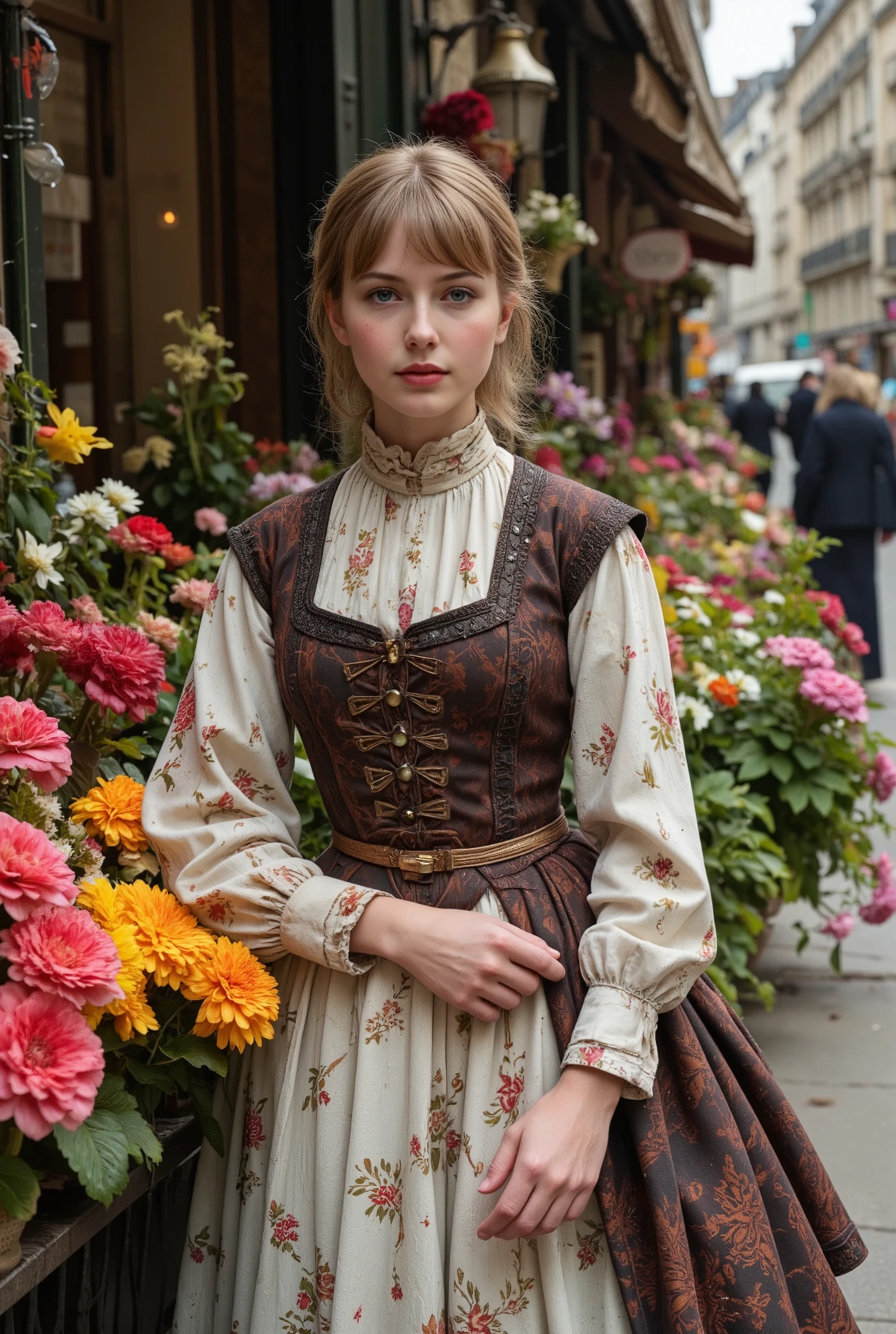 Create a realistic photograph of a beautiful -yeld Frh girl from the late 19th century, captured from head to thigh. She has medium-length hair tied back with dark blonde bangs framing her blue eyes. She is dressed in a typical young woman's outfit from the late 19th century in France. The background features a vibrant flower shop on a street corner in late 19th century Paris, filled with a variety of colorful flowers.